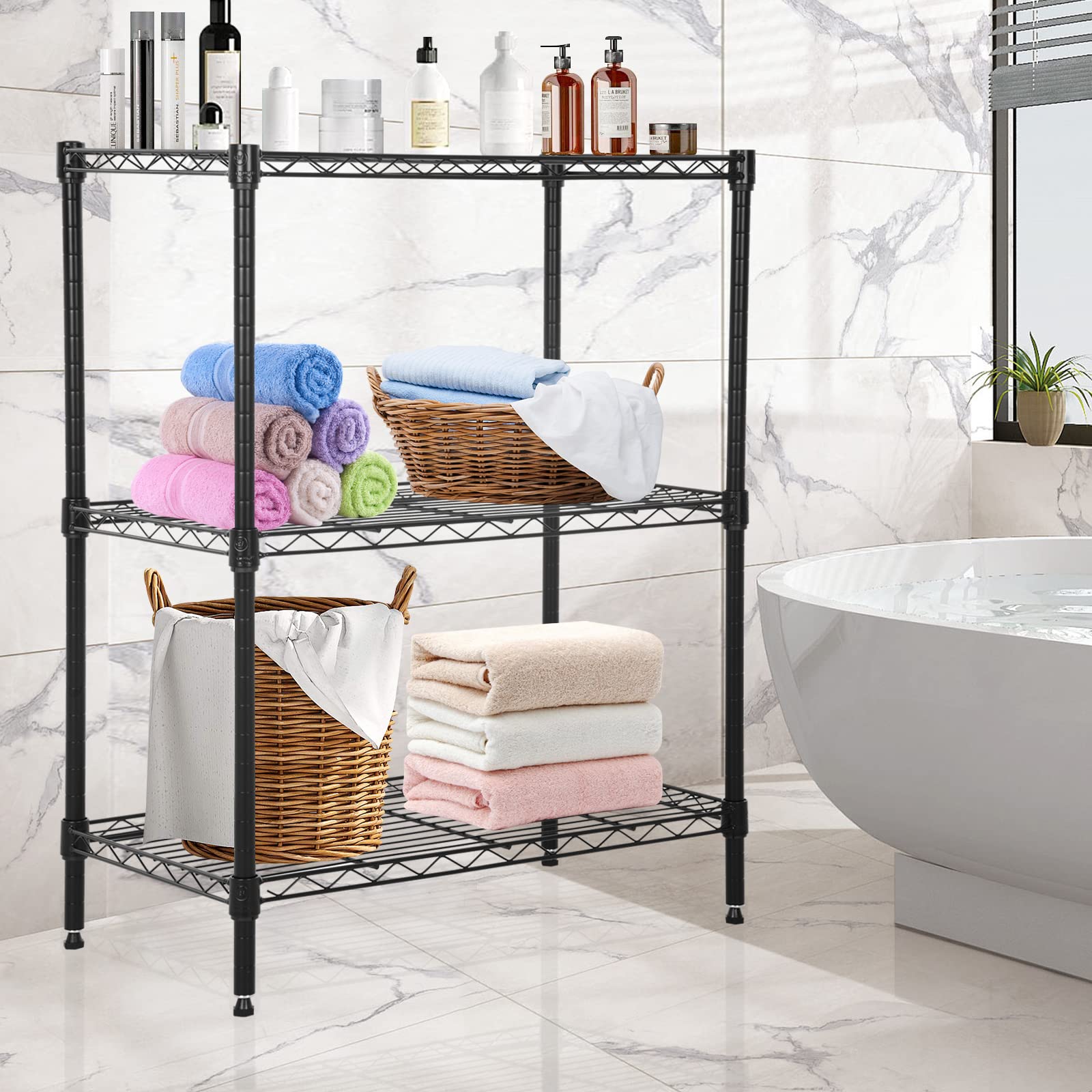 3-Tier Adjustable Wire Metal Shelving Unit with Leveling Feet - Heavy Duty Storage Rack (450lbs Capacity) - 13