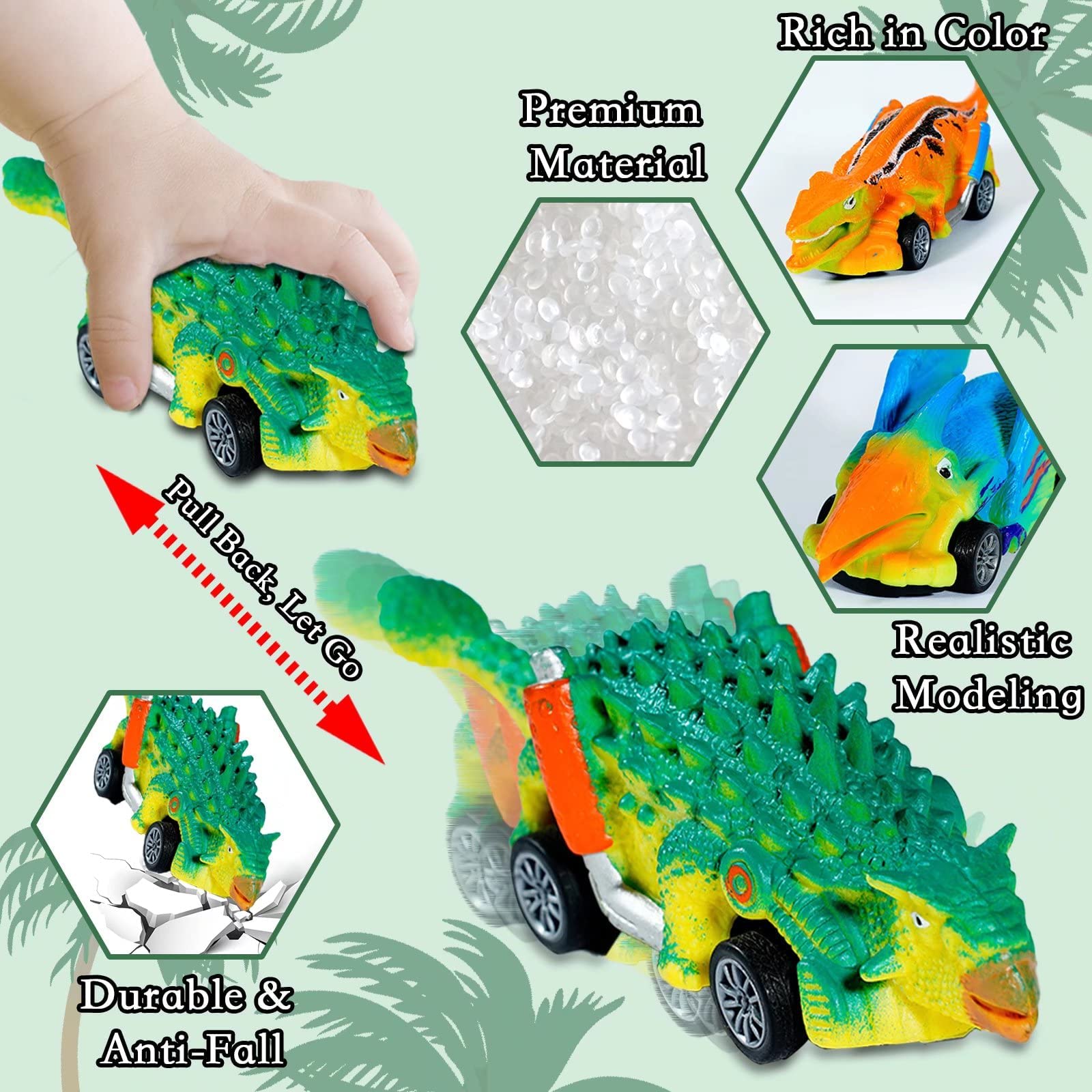Dinosaur Pull Back Cars Toy Set - 6 Pack Friction Powered Dino Vehicles for Kids Ages 3-7 | STEM Learning Toys for Boys & Girls | Birthday Party Favors, Easter Gifts & Preschool Playtime Activities