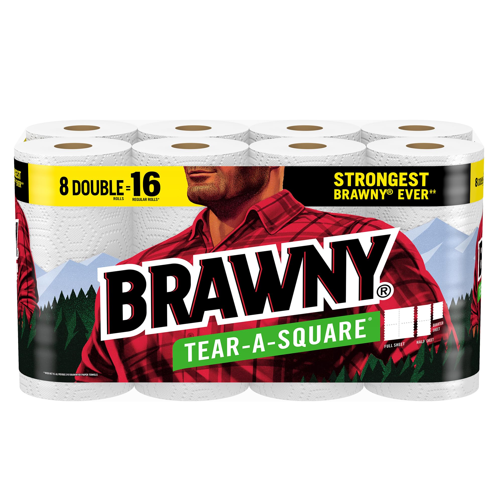 Brawny Tear-A-Square Paper Towels - 8 Double Rolls (16 Regular Rolls) | Ultra Absorbent & Strong | Perfect for Kitchen Cleaning, Spills & Household Use