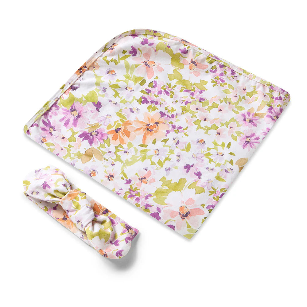 Snuggle Hunny Baby Jersey Wrap & Topknot Set - Soft Cotton Newborn Swaddle & Headband Outfit for Girls - Perfect for Photoshoots, Baby Showers & Gift Giving