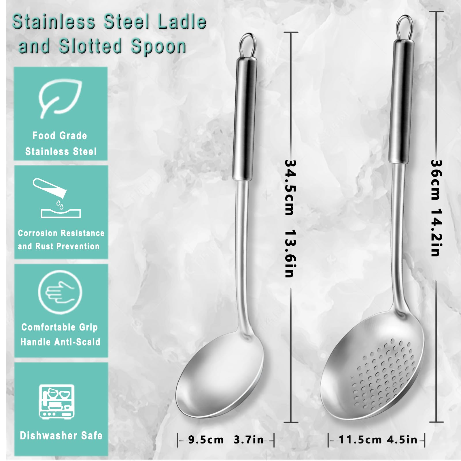 Premium 2-Piece Stainless Steel Ladle and Slotted Spoon Set - Soup Ladle & Strainer Skimmer - Durable Kitchen Utensils for Cooking, Serving - Perfect for Home Chefs & Restaurants - Dishwasher Safe - Ideal for Soups, Stews, Pasta & Deep Frying