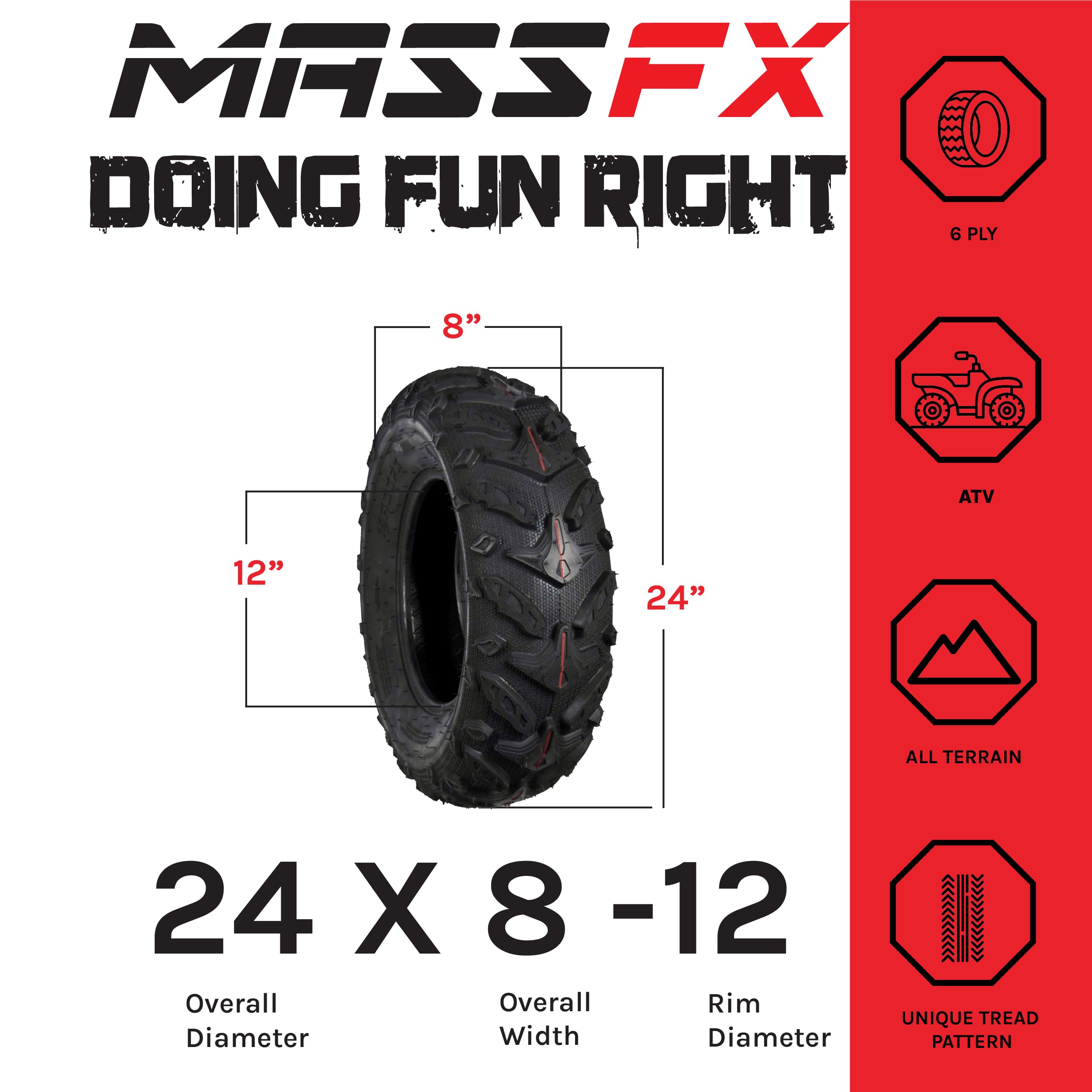 **MASSFX Grinder 24x8-12 Front ATV Tire – 6-Ply All-Terrain Off-Road Tires with Chip & Tear Resistance, Micro Tread Technology for Soft & Hard Pack Ground (2 Pack) – Ideal for Trail Riding, Mudding & Off-Road Adventures**