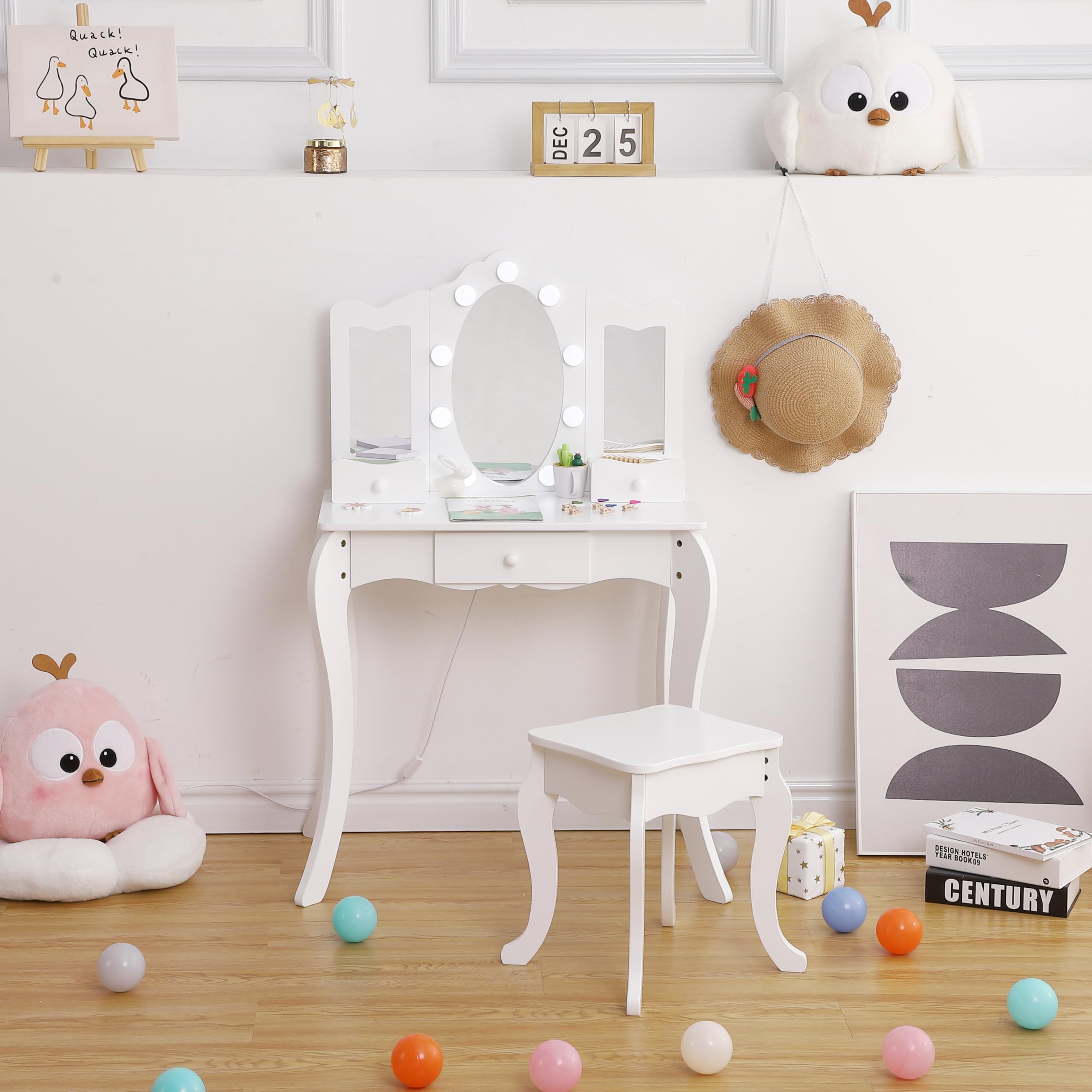 Kids Vanity Table with Mirror, Lights & Stool - 2-in-1 Wooden Princess Makeup Dressing Desk for Girls with Storage Drawer | Perfect for Bedroom Playroom & Birthday Gifts for Toddlers