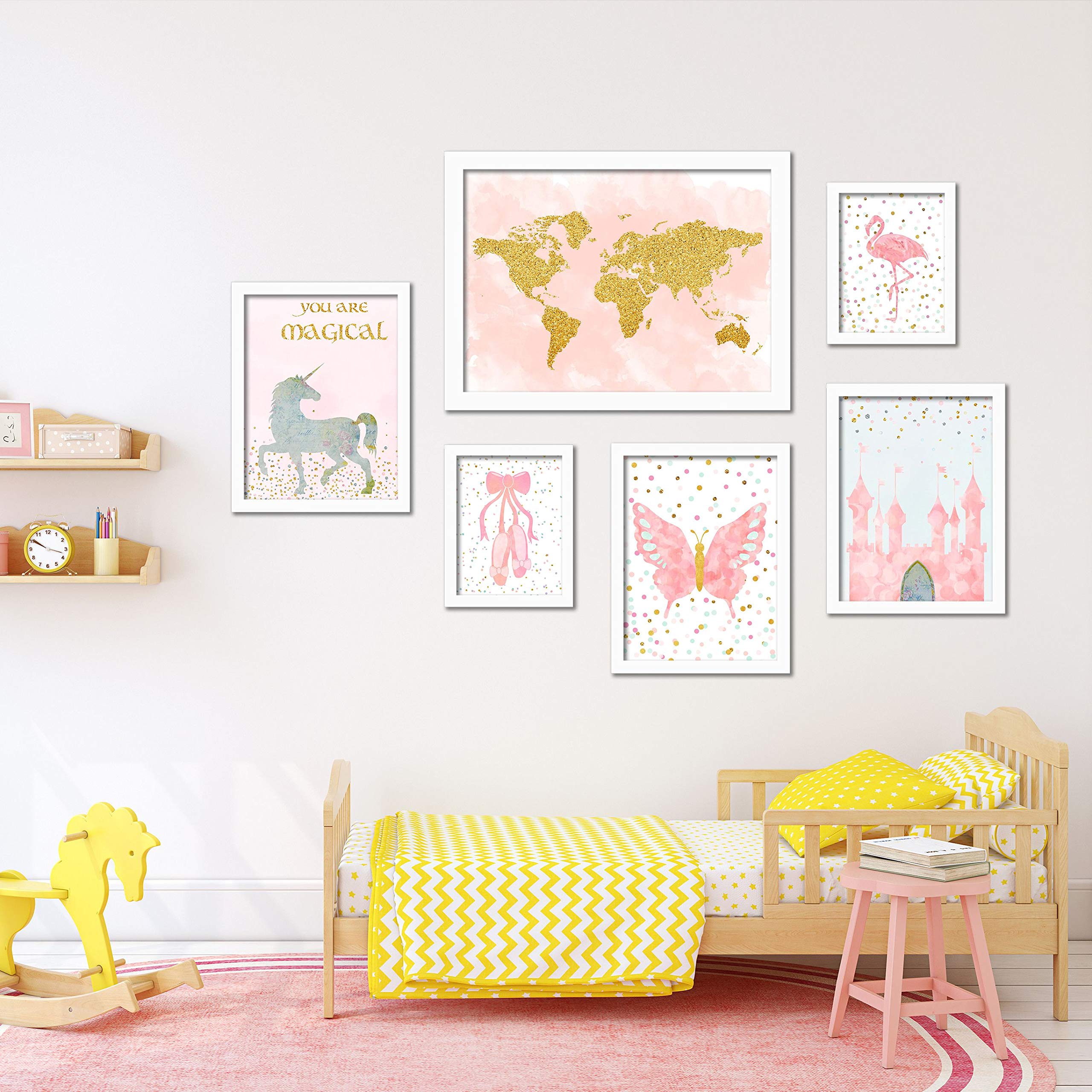 Americanflat 6 Piece White Framed Gallery Wall Art Set - Pink & Gold Children's Nursery Decor for Baby Room, Girls Bedroom & Playroom - Modern Kids Wall Art Prints for Home Decor