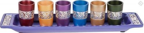 Set of 6 Colorful Anodized Aluminum Cups with Tray - Durable & Lightweight Drinkware for Outdoor Picnics, Camping, and Pool Parties (Multicolor with Silver Lace Design)