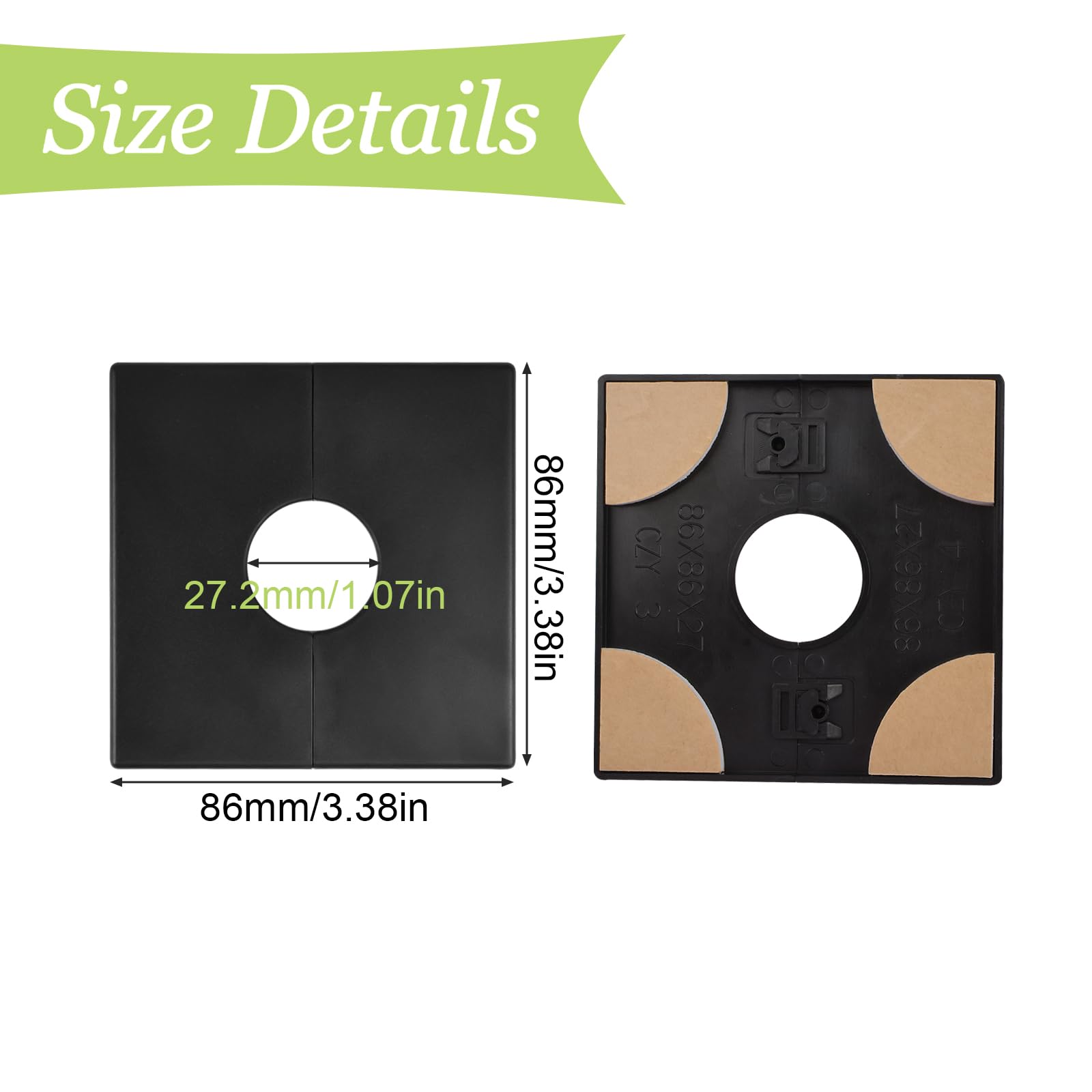 UFURMATE 2Pcs ABS Plastic Square Pipe Wall Covers - Self-Adhesive Decorative Escutcheon Plates for 28mm Diameter Shower Pipes (Black) | Bathroom Renovation & Pipe Concealment Solution