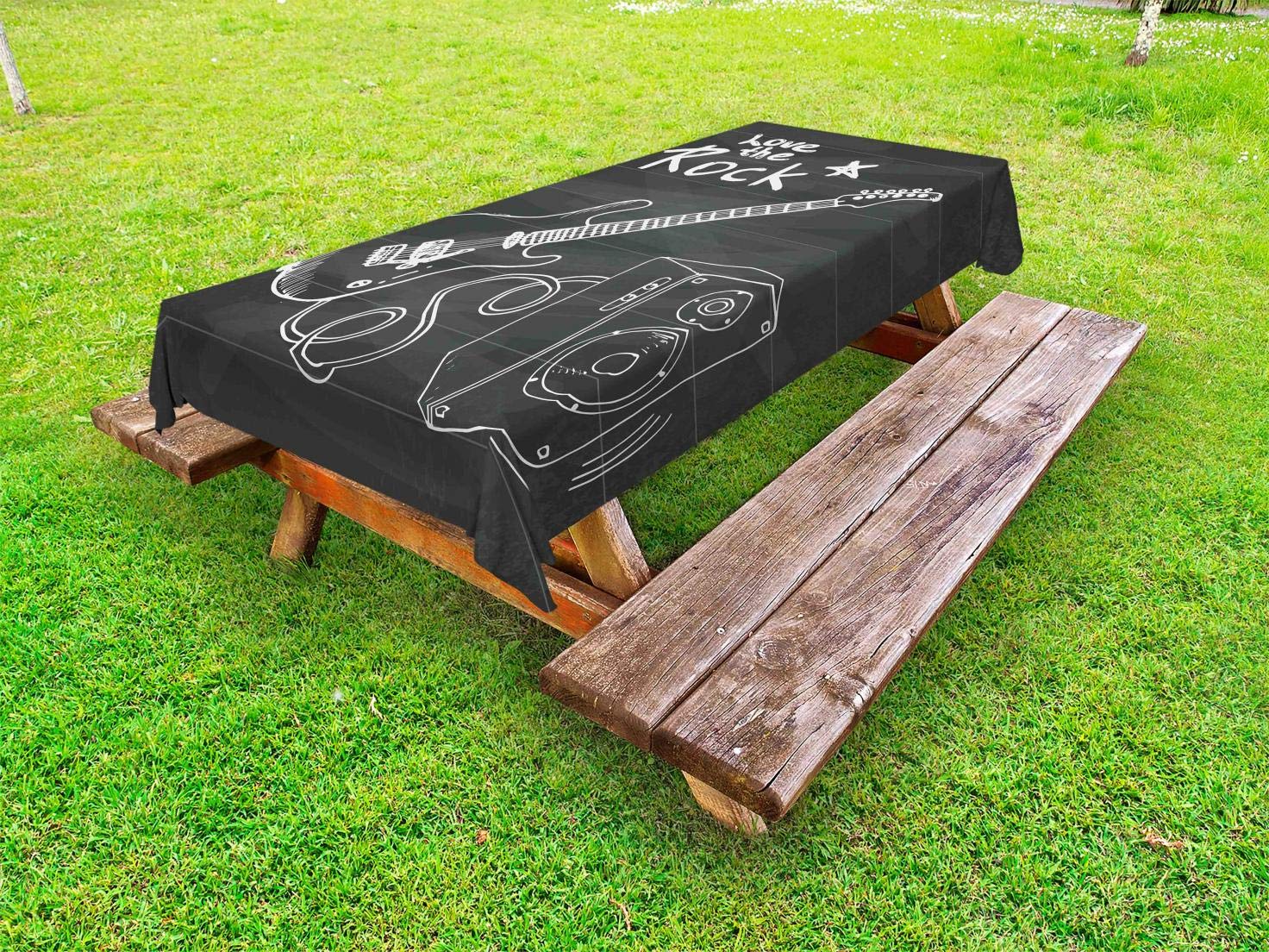 Ambesonne Guitar Themed Outdoor Tablecloth - Rock Music Sketch Art & Chalkboard Design - Washable Picnic Table Cover 58x120 Inches - Charcoal Grey & White - Perfect for BBQs, Garden Parties & Music-Themed Events