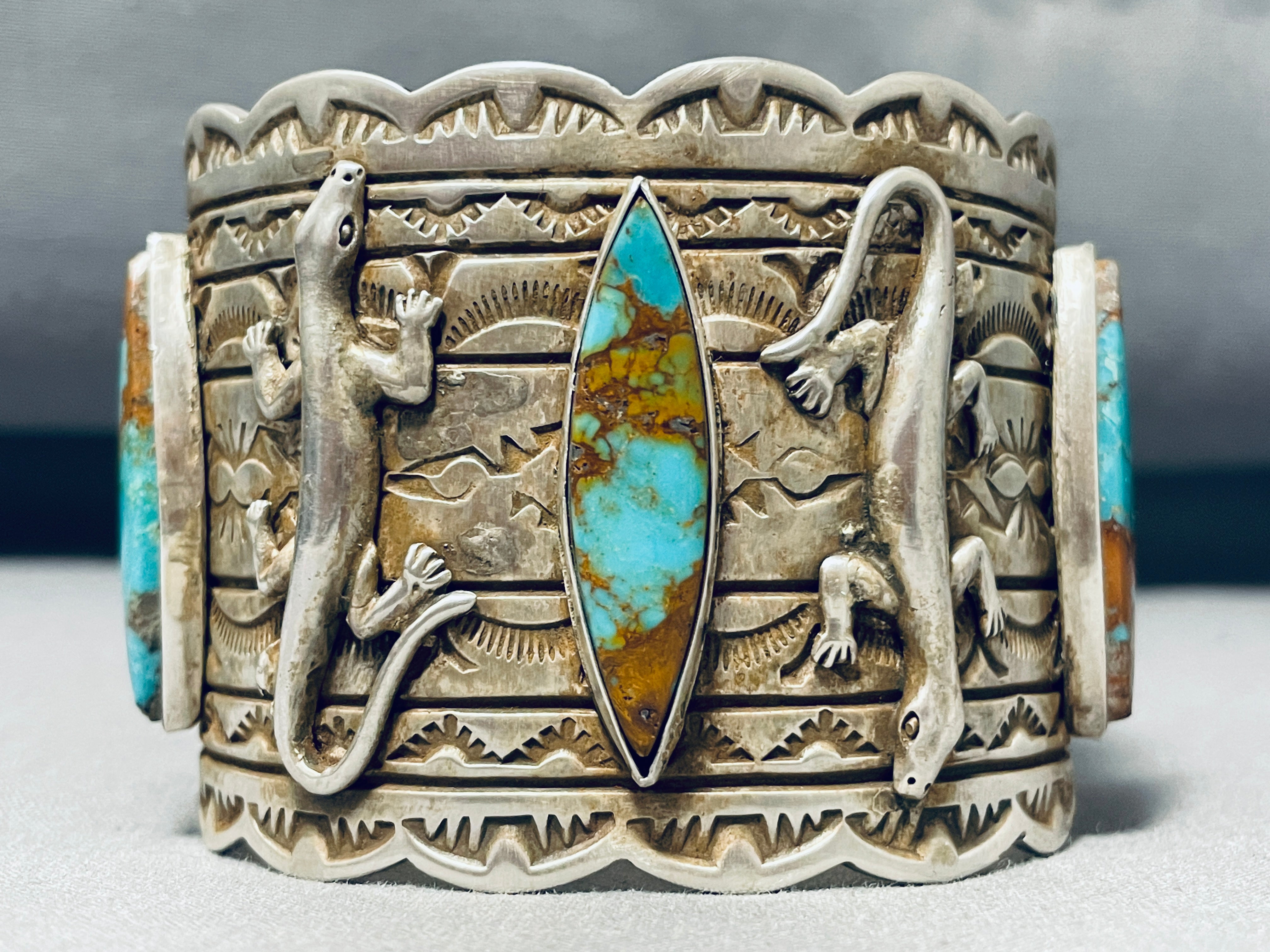 Authentic Navajo Sterling Silver Gecko Bracelet with 100+ Gram Royston Turquoise – Handmade Native American Jewelry for Women, Boho Fashion, Gift Giving & Special Occasions