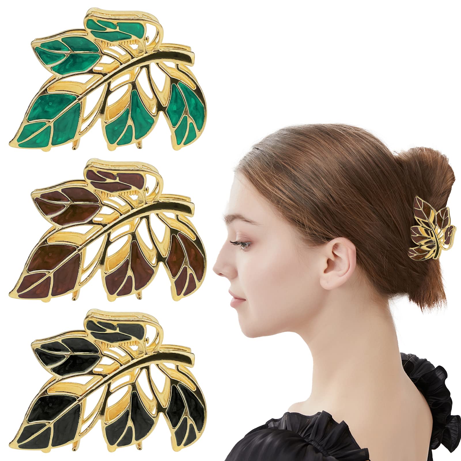 3 Pcs Metal Hair Claw Clips - Leaf & Flower Hair Barrettes for Women, Geometric Hair Grips Clips for Girls (Brown, Green, Black) - Perfect for Daily Use, Parties, Weddings & Beach Hairstyles