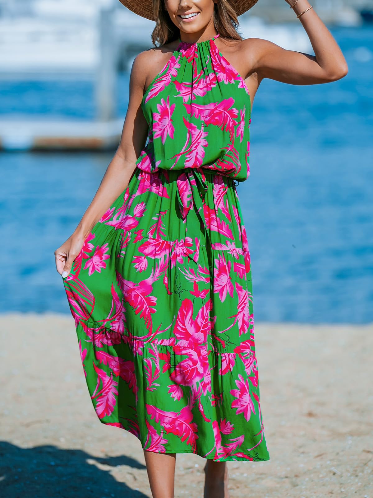 CUPSHE Women's Floral Midi Dress - Halter Neck, Sleeveless, Belted Ruffled A-Line Summer Dress for Casual Wear | Perfect for Beach, Vacation, and Outdoor Events