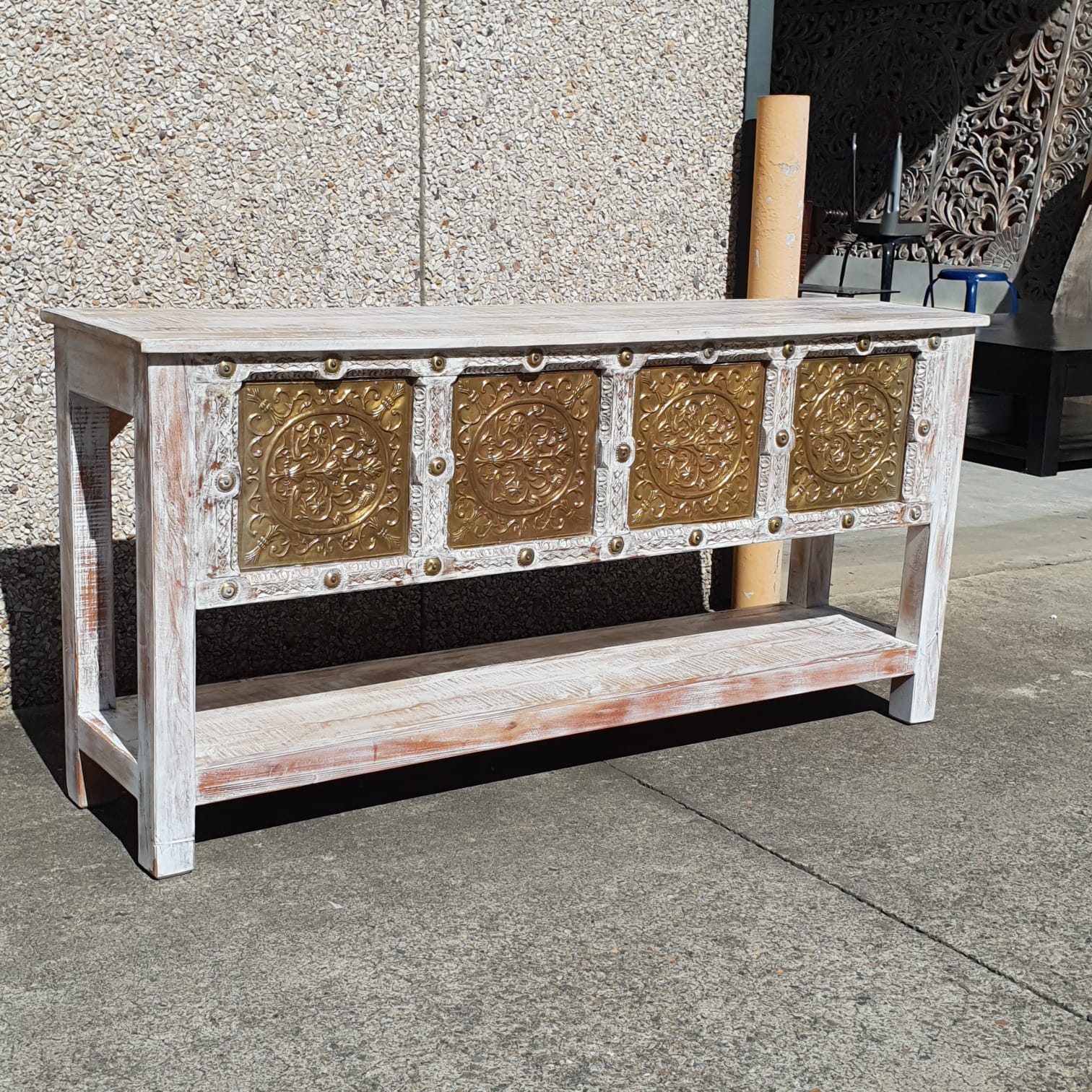 Handmade Carved Solid Hardwood Console Table with Brass Fittings - Elegant Entryway Furniture for Living Room, Hallway & Foyer Decor