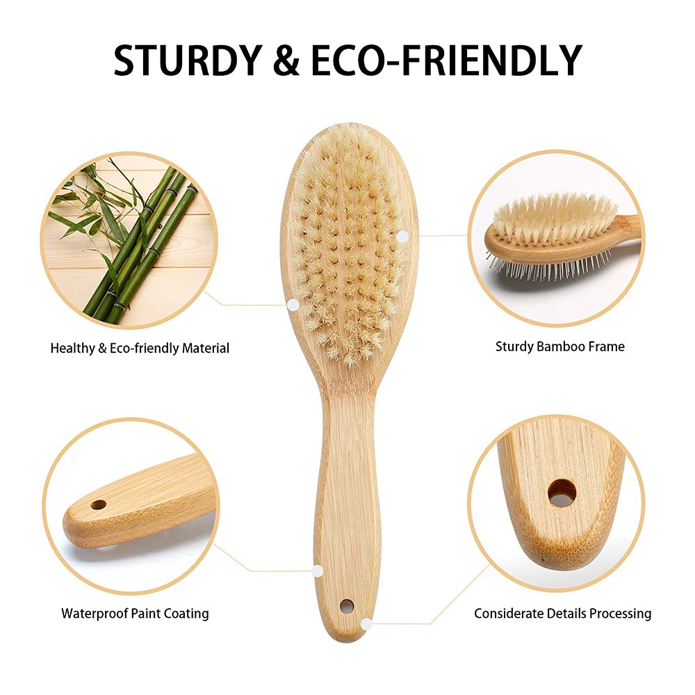 Double Sided Dog & Cat Brush - Boar Bristle & Pin Pet Grooming Brush for Shedding Control - Bamboo Handle for Long & Short Hair - 4 Pack Dog Comb Set (Black & Yellow) - Perfect for Daily Pet Grooming & Hair Removal at Home
