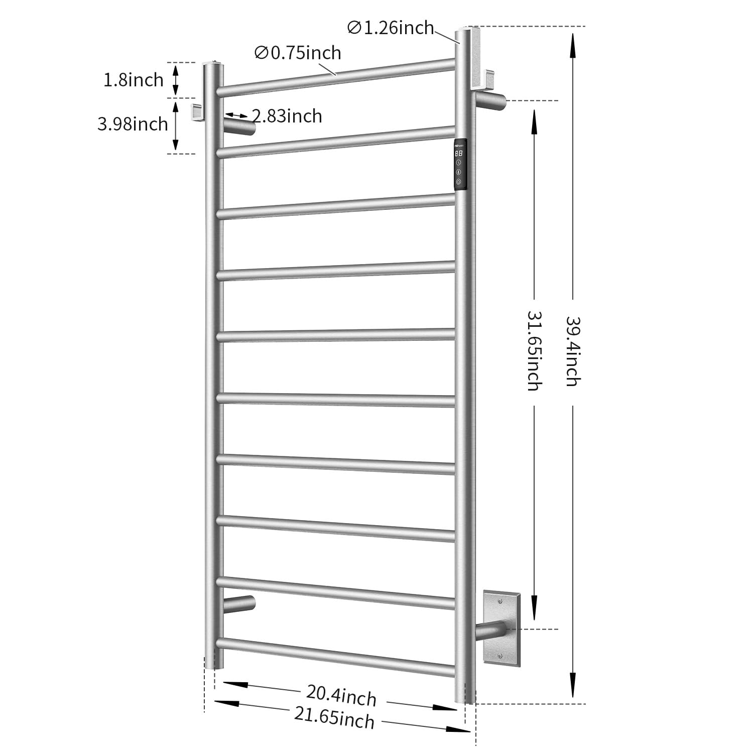 P&Bhusri Electric Heated Towel Rack for Bathroom - Wall Mounted 10-Bar Towel Warmer with Timer & LED Display, Stainless Steel Brushed Finish (Hardwired/Plug-in) - Perfect for Spa, Luxury Bathrooms & Cold Weather Comfort