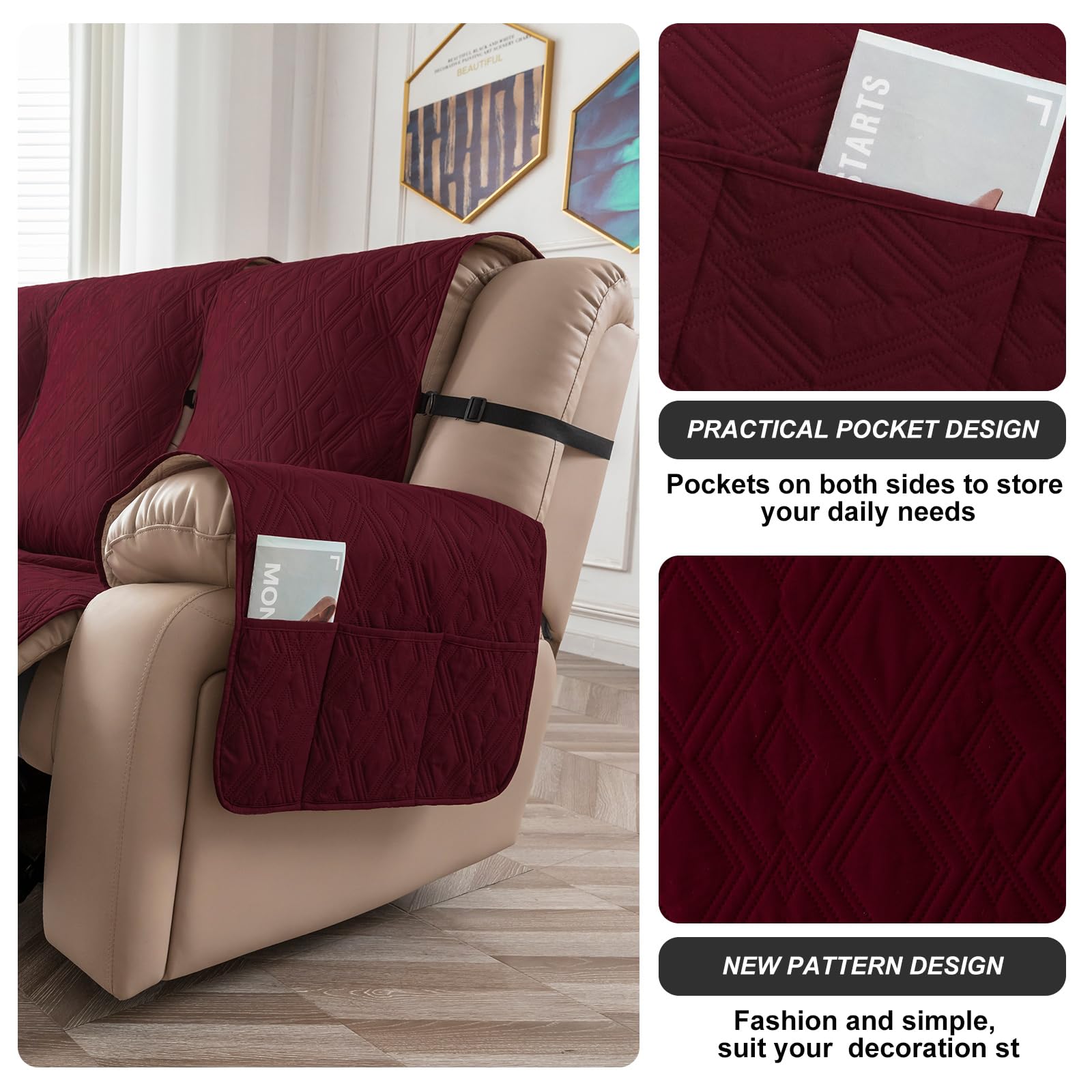 Waterproof Reclining Sofa Cover - Non-Slip Washable 3-Seater Couch Protector for Pets & Kids | Wine Red Furniture Protector for Recliner Couches | Perfect for Living Room, Family Room & Pet-Friendly Homes