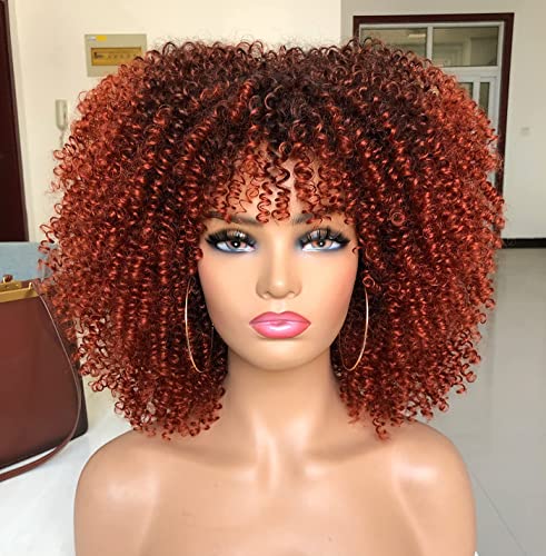 14 Inch Curly Afro Wigs for Black Women - Short Kinky Curly Synthetic Hair Wigs with Bangs in Black to Copper Ombre | Perfect for Cosplay, Daily Wear & Protective Styling