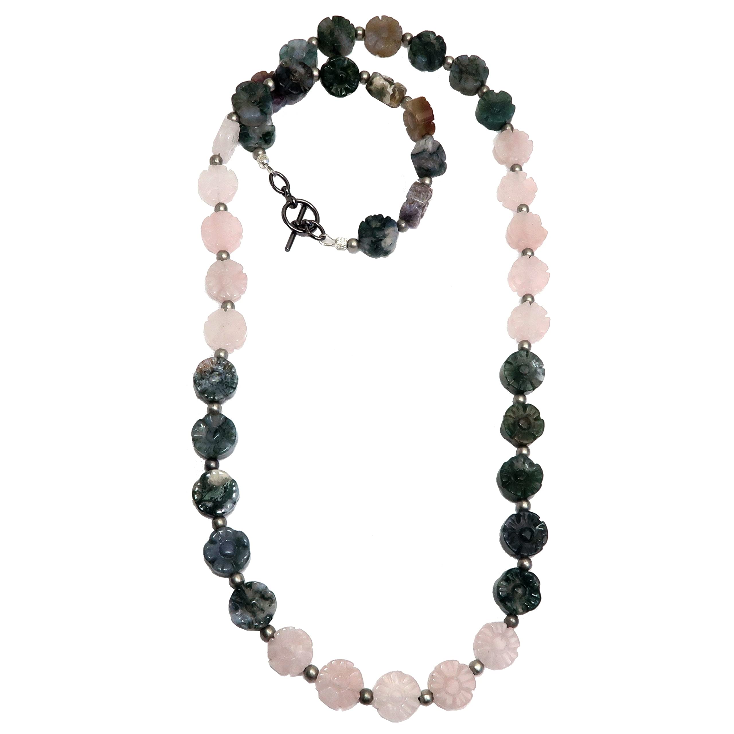 Satin Crystals Rose Quartz Moss Agate Necklace - Floral Gemstone Jewelry for Women, Healing Crystal Pendant for Spring & Summer Outfits | Perfect for Weddings, Dates & Boho Fashion