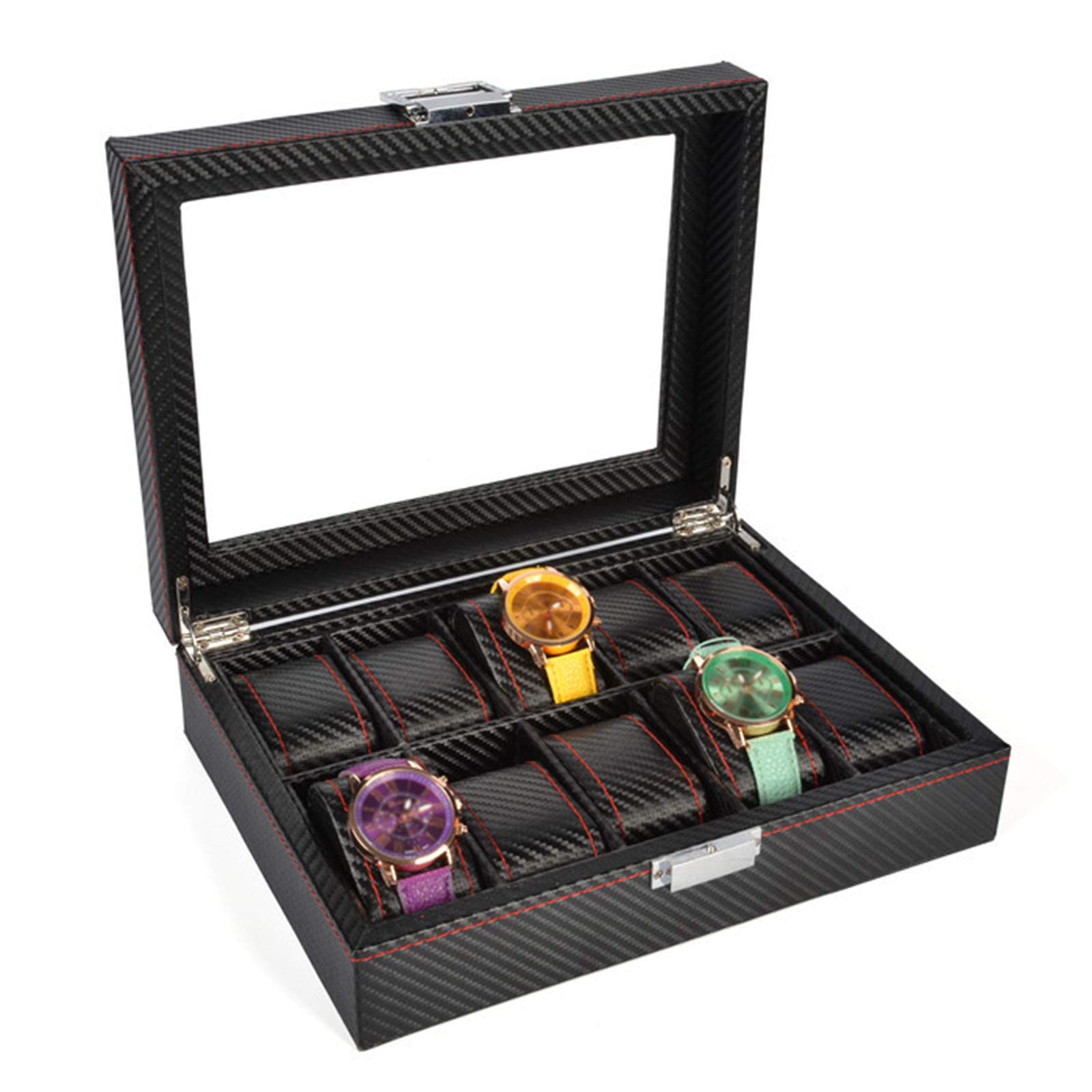Guolich 10-Slot Watch Storage Box - Leather & Carbon Fiber Watch Display Case with Glass Lid - Jewelry & Bracelet Organizer for Men & Women - Perfect for Home, Office, and Travel Use