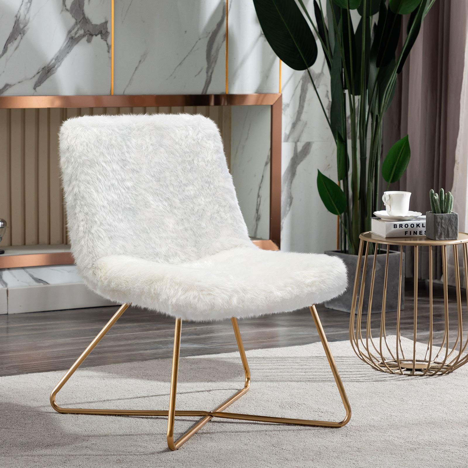 DUHOME White Faux Fur Upholstered Accent Chair - Modern Living Room & Office Desk Chair with Gold Metal Legs - Perfect for Cozy Home Decor, Reading Nook & Workspace