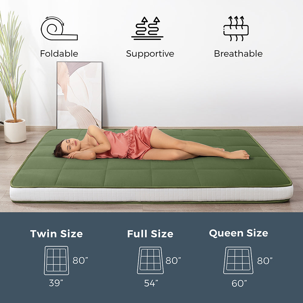 MAXYOYO 6-Inch Extra Thick Square Floor Futon Mattress - Foldable Memory Foam Topper Pad for Guest Bed, Dorm Room & Camping (Green)