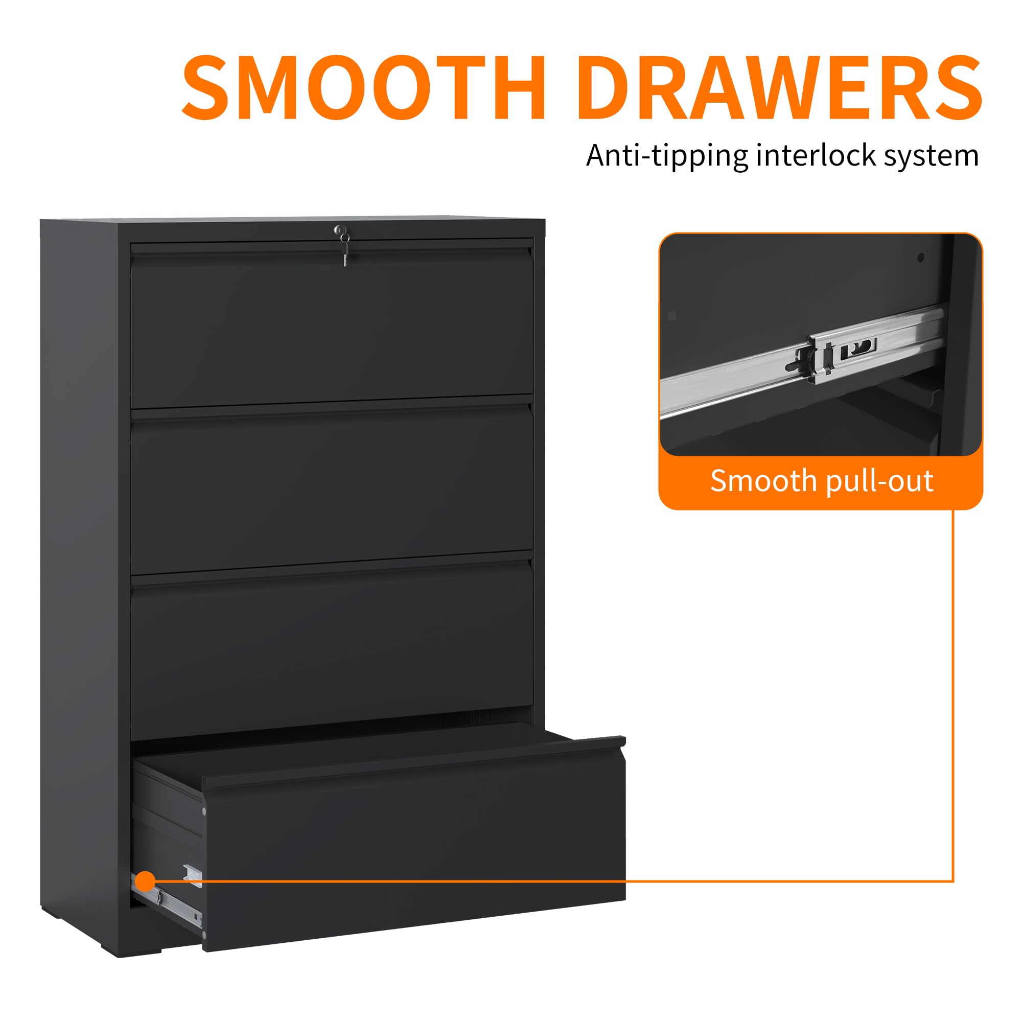 4-Drawer Metal Office Filing Cabinet with Lock - Black Lateral File Storage for Home & Office - Holds Legal, Letter & A4 Documents - Easy Assembly - Perfect for Organizing Files, Contracts & Office Supplies