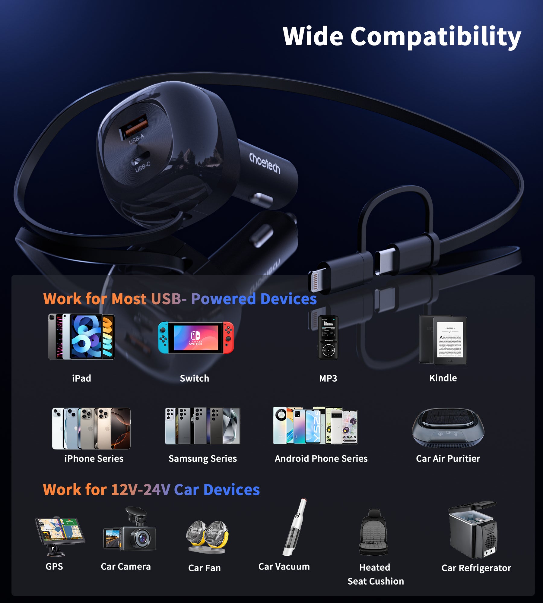 Choetech TC0036 75W Dual Port Car Charger with Retractable USB C & Lightning Cable - 3-in-1 Fast Charging for iPhone, Samsung & More - Perfect for Road Trips & Daily Commute