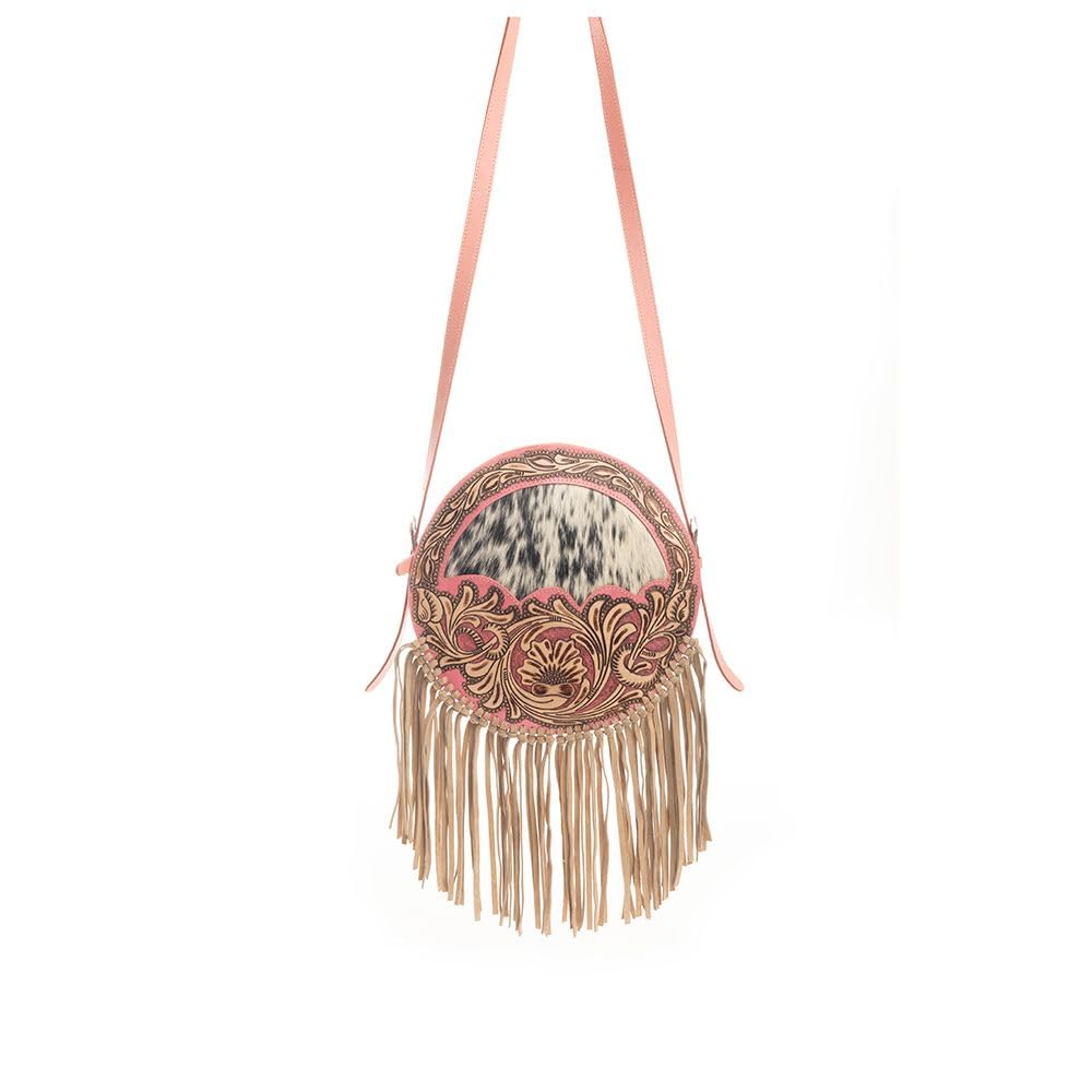 Myra Round Leather Shoulder Bag for Women - Upcycled Western Style Handbag in Sunrise Pink | Perfect for Casual Outings, Music Festivals & Boho Fashion