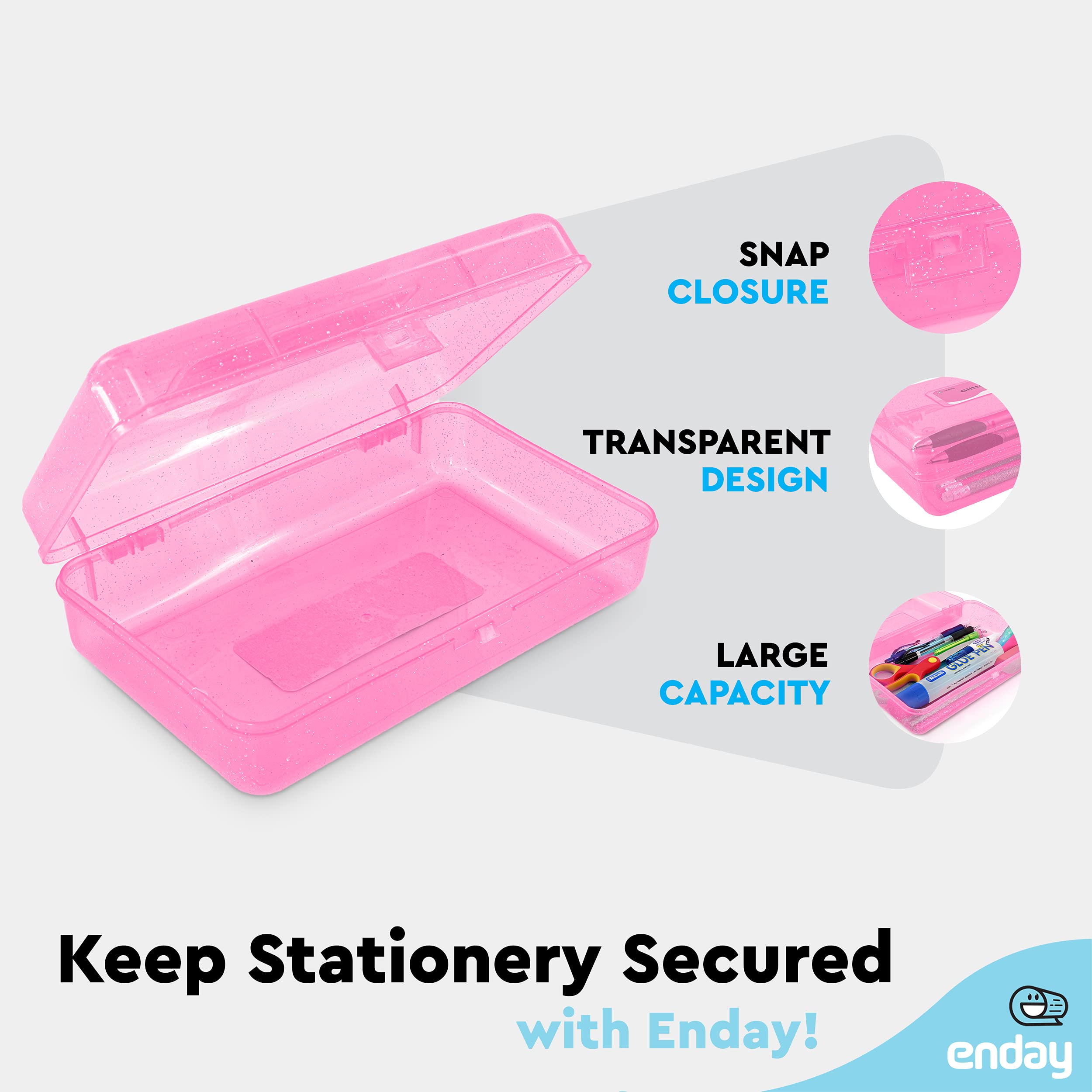 Enday Plastic Pencil Box with Snap Closure - Small School & Office Supply Organizer for Crayons, Pens & Art Supplies (Pink, Glitter Green, Purple, Blue, Red, Grey) - Perfect for Students, Teachers & Craft Storage