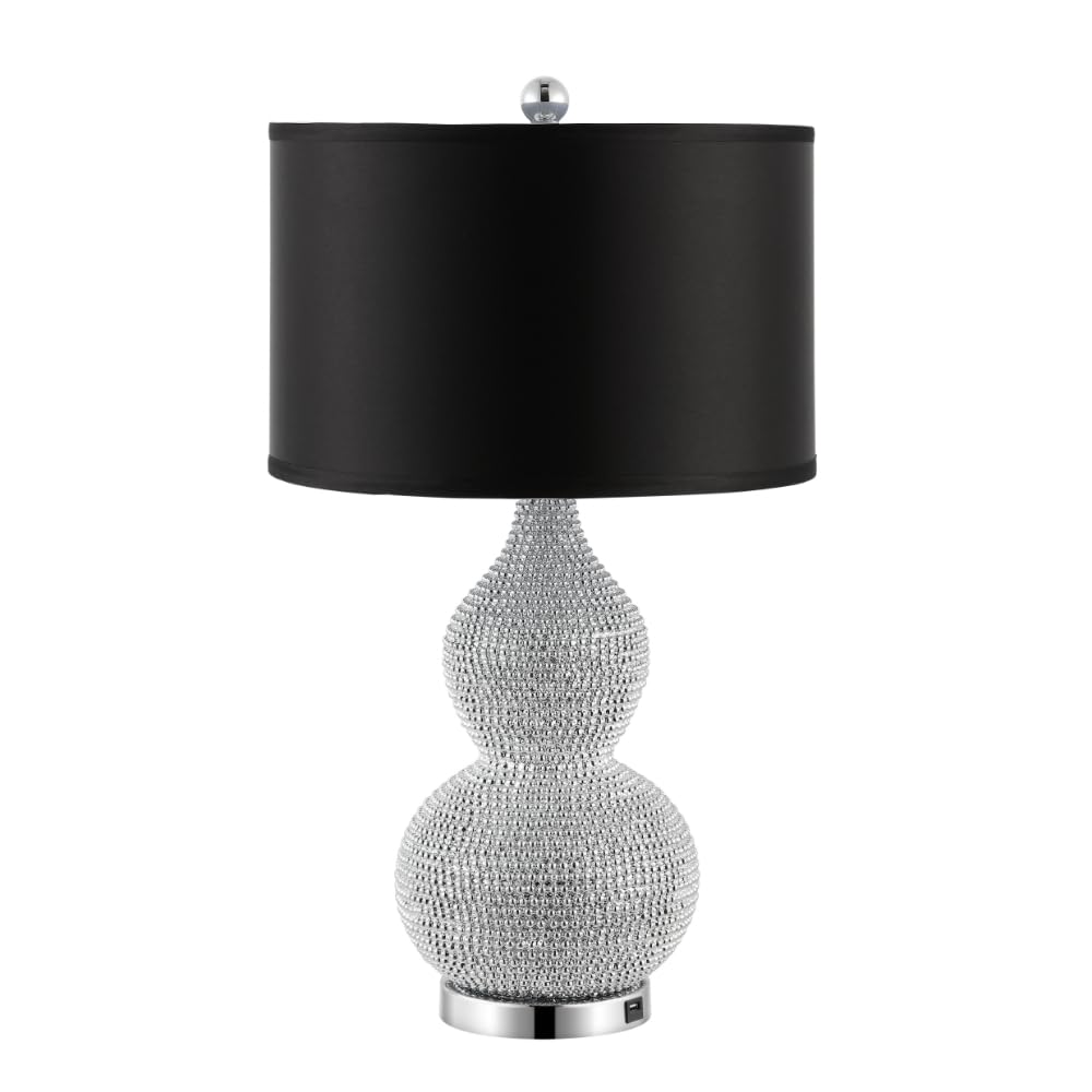 SAFAVIEH Nicole Modern Silver Bead Base & Black Shade 25-inch Table Lamp Set of 2 - LED Bulbs Included for Bedroom, Living Room, Home Office & Nightstand Lighting Decor