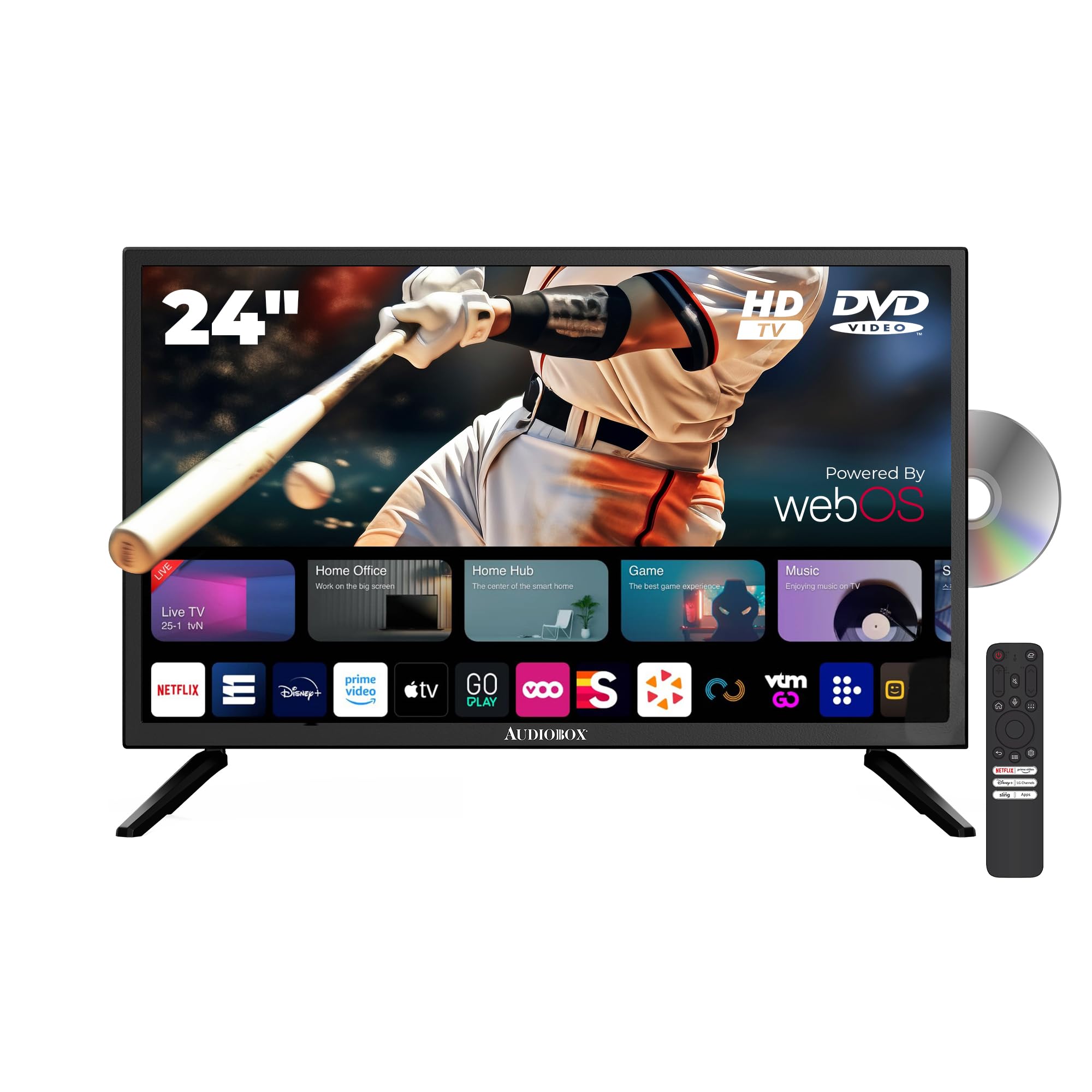 24-Inch Audiobox Smart LED HDTV with Built-in DVD Player | AC/DC Compatible for RVs & Home Use | HDMI, USB Ports & 12V Cable Included | Perfect for Movies, Gaming & Travel Entertainment