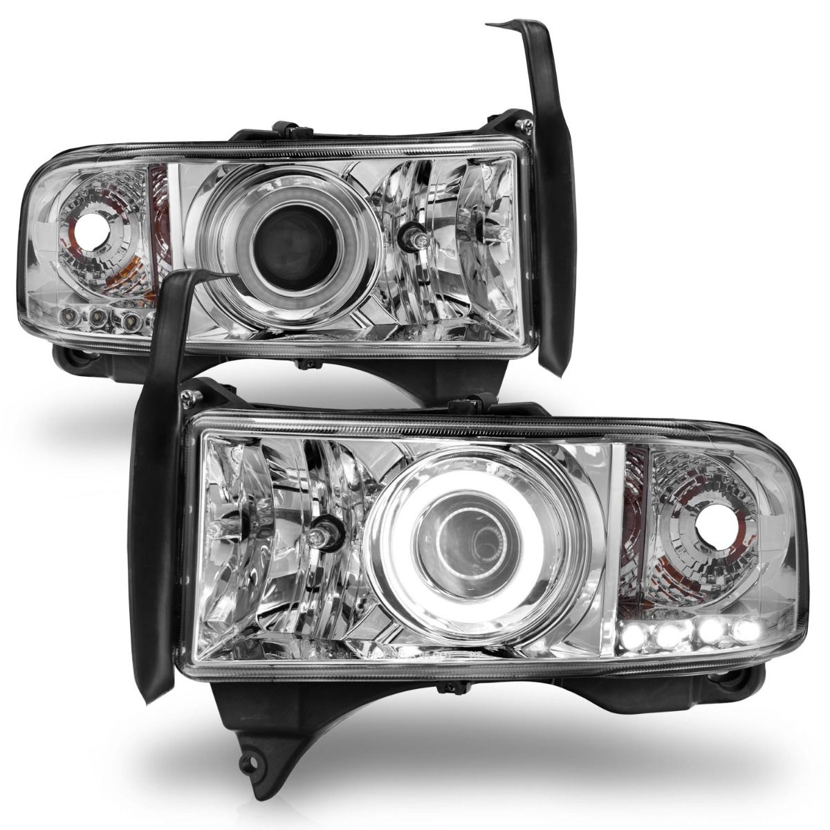ANZO Chrome Projector Headlights with Halo Ring for 1994-2002 Dodge Ram 1500/2500/3500 - Durable LED Lighting for Night Driving & Off-Road Adventures