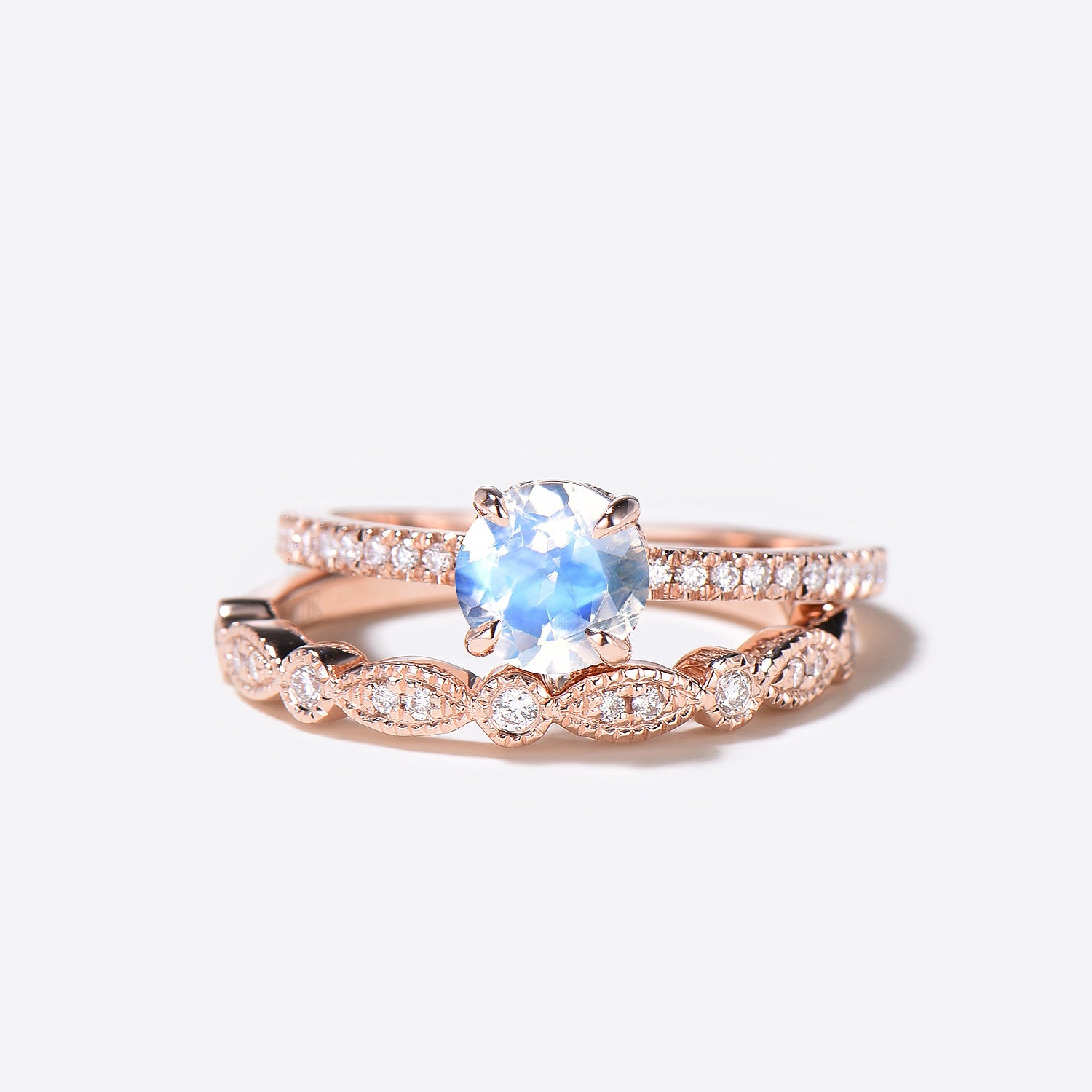 Vintage Rainbow Moonstone Diamond Rose Gold Engagement Ring Set - 2 Piece Bridal Jewelry for Wedding, Proposal & Anniversary Gifts
