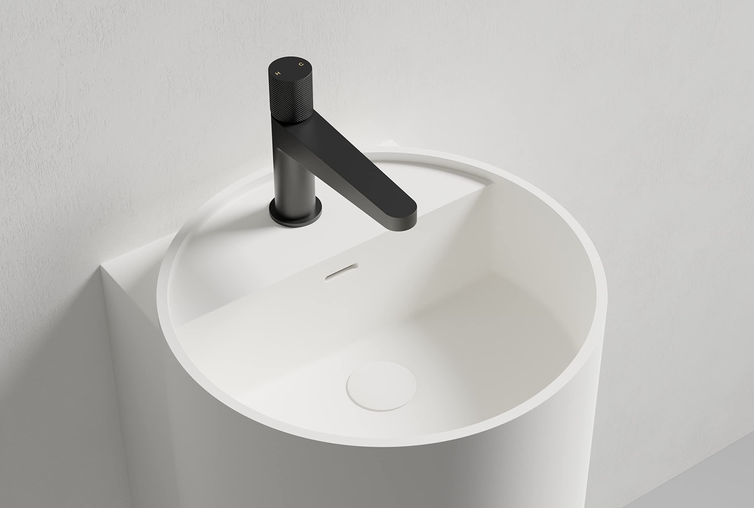 NT2440 Solid Stone Wall-Mounted Sink - 40 x 42 x 45 cm - Matte White, Pop-Up Drain - Modern Bathroom Vanity for Small Spaces & Contemporary Homes