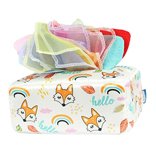 Yotijay Baby Tissue Box - Crinkle Tissue Soft Scarf Box, Hand Towel Play Paper Busy Pull Tissues for Preschool Babies & Newborns | Fox Design | Sensory Play & Early Learning Activity Toy for Toddlers