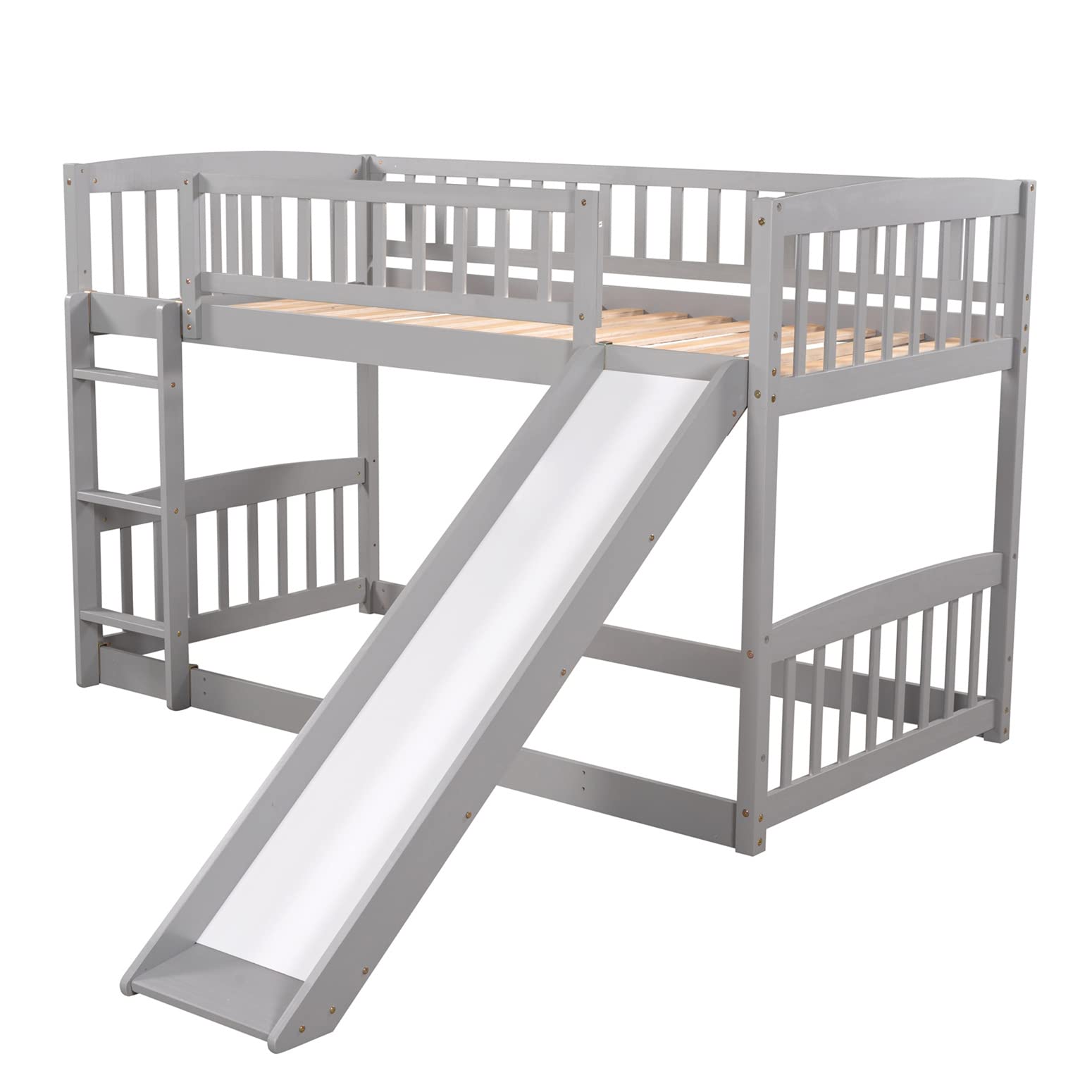 Harper & Bright Designs Twin Over Twin Low Bunk Bed with Slide - Wooden Floor Bunk Bed Frame with Safety Rails for Kids, Toddlers, Boys & Girls - Space Saving Kids Bedroom Furniture (Gray) - Perfect for Small Rooms, Shared Kids Bedrooms & Sleepovers