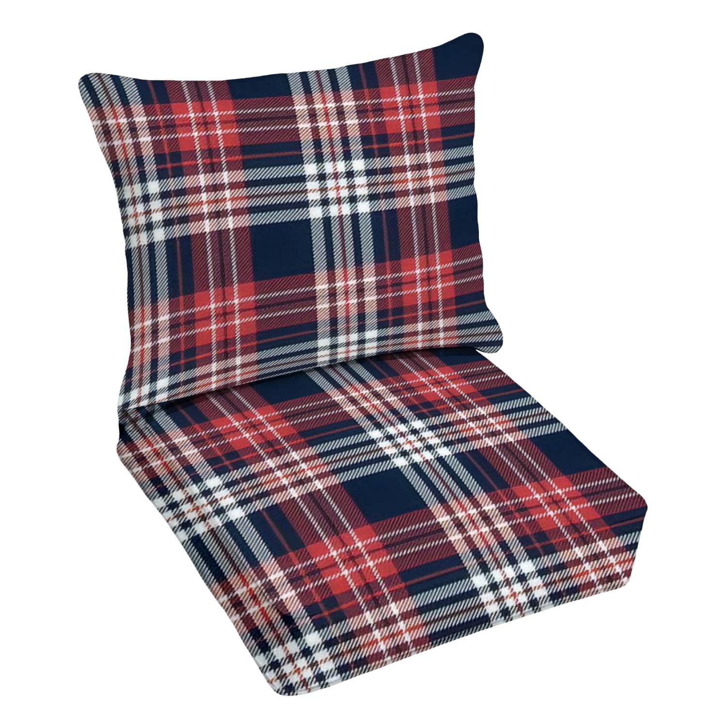Premium Outdoor Deep Seating Cushion Set - Navy Blue & Red Tartan Plaid Water-Resistant Patio Furniture Cushions for Lounge Chairs, Sofas & Conversation Sets - Perfect for Backyard, Poolside & Garden Relaxation