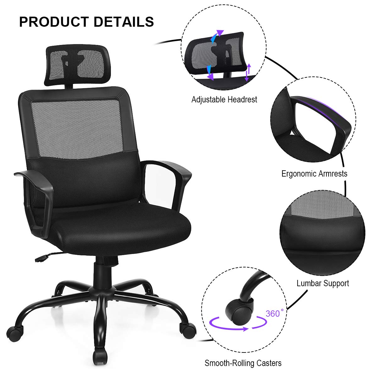 Giantex Ergonomic Office Chair with Lumbar Support & Adjustable Headrest - High Back Mesh Desk Chair, Swivel Computer Task Chair with Adjustable Armrests & Heavy Duty Base (Black) - Perfect for Home Office, Gaming & Workspace Comfort