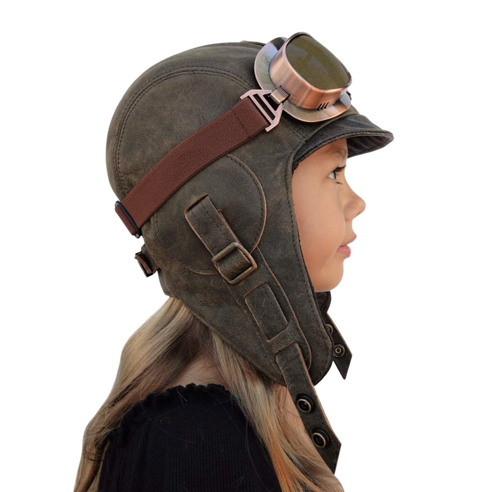 Kids Aviator Hat with Goggles - Genuine Brown Leather Pilot Flying Cap for Boys & Girls - Adjustable XSmall Size - Perfect for Halloween Costumes, Dress Up Play & Aviation Themed Parties