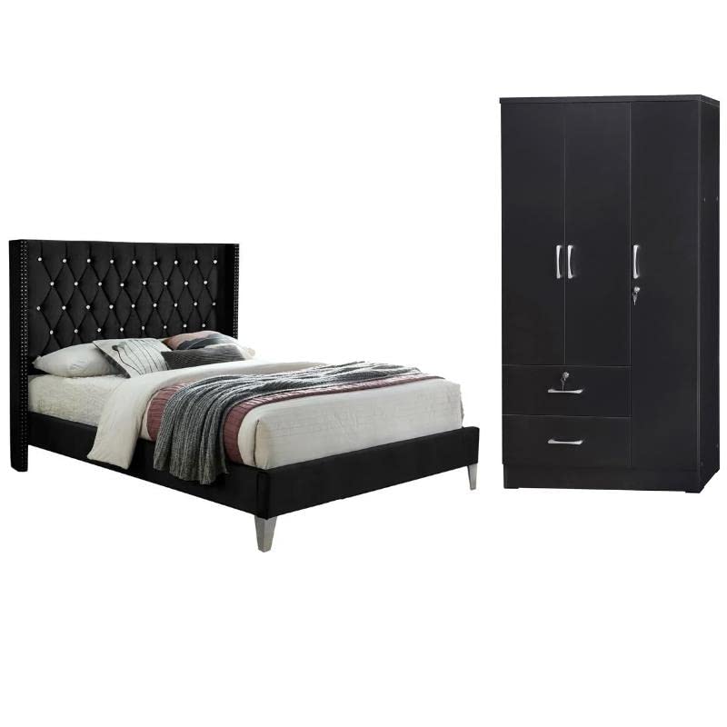Home Square 2-Piece Full Bed & Wardrobe Armoire Set in Black - Perfect for Small Bedrooms, Studio Apartments & Dorm Rooms