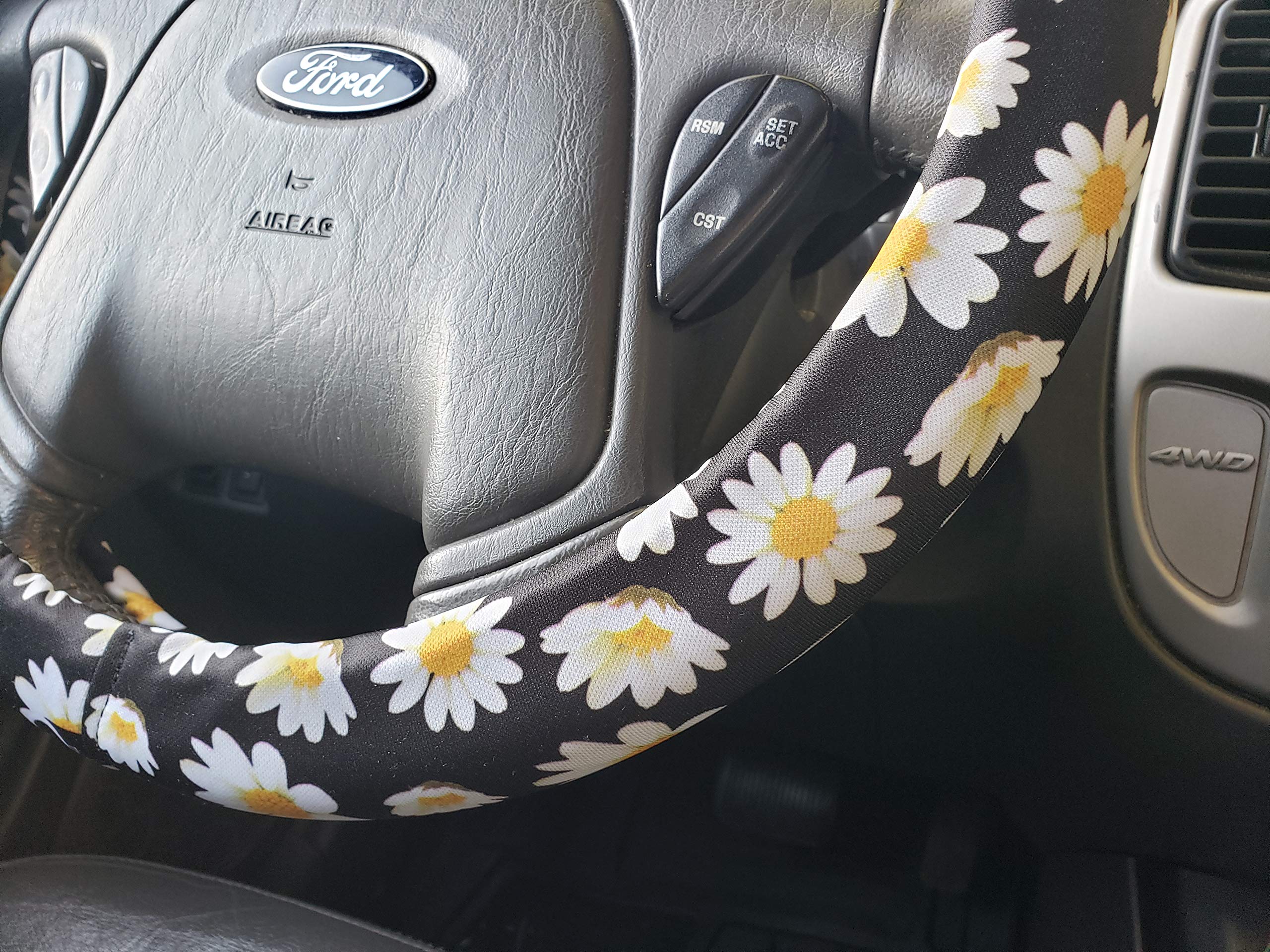 Premium Daisy Floral Steering Wheel Cover - Lightly Padded, Universal Fit for Cars (Black/White/Red/Yellow) | Comfort Grip & Stylish Car Accessory for Daily Driving & Road Trips