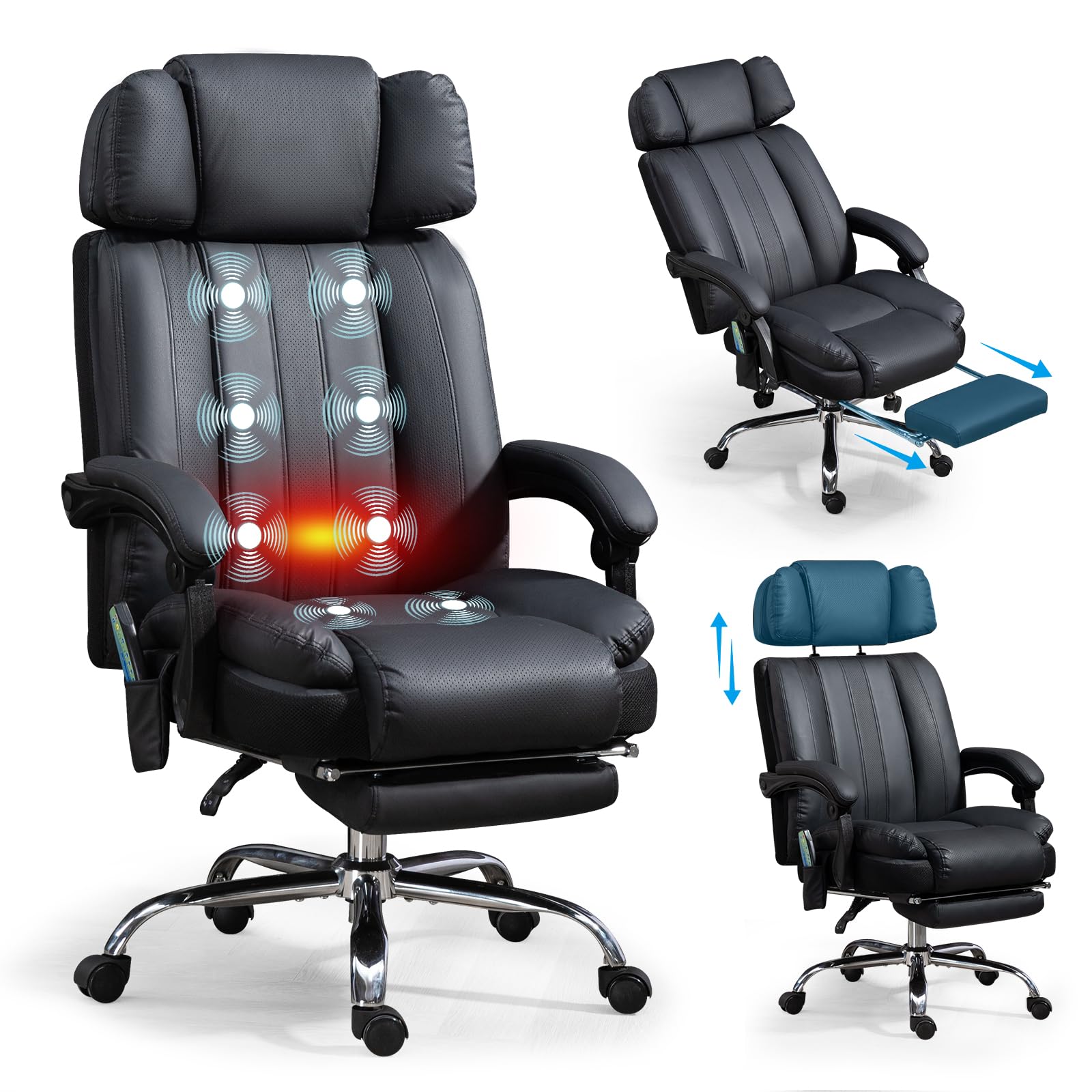 Ergonomic Massage Office Chair with Heat & 8 Vibration Points - Big & Tall Executive Chair with Adjustable Headrest, Extra Wide Seat, Footrest & Padded Armrests - Perfect for Home Office, Gaming & Workspaces
