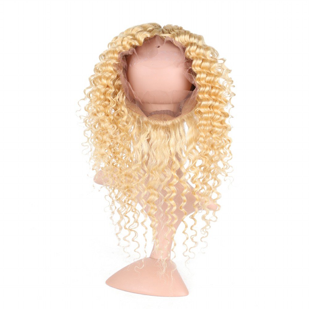 Brazilian Virgin Human Hair 360 Frontal & 3 Bundles - Blonde 613 Deep Wave Pre Plucked Hair Extensions (14/16/18+12 Inch) for Stunning Curly Hairstyles & Everyday Glam Looks