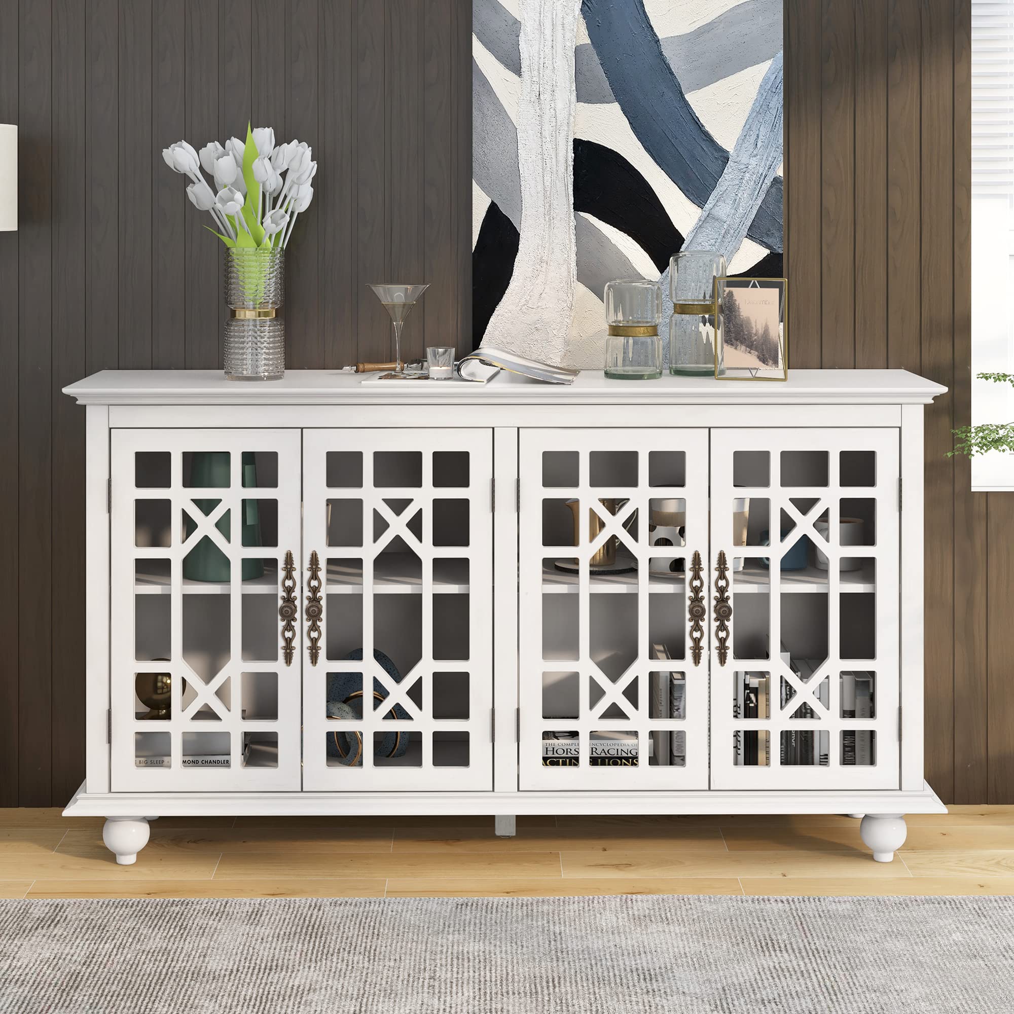 Antique White Cabinet Sideboard with 4 Doors & Adjustable Shelves - Solid Wood Console Table with Metal Handles for Living Room, Dining Room, Bedroom or Hallway Storage - Perfect for Home Organization & Displaying Decor