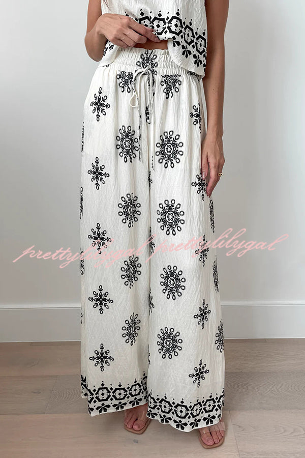 Stylish Printed Round Neck Sleeveless Blouse & Elastic Waist Pocket Wide Leg Pants Set - Women's Casual Outfit for Summer, Beach, Vacation & Daily Wear
