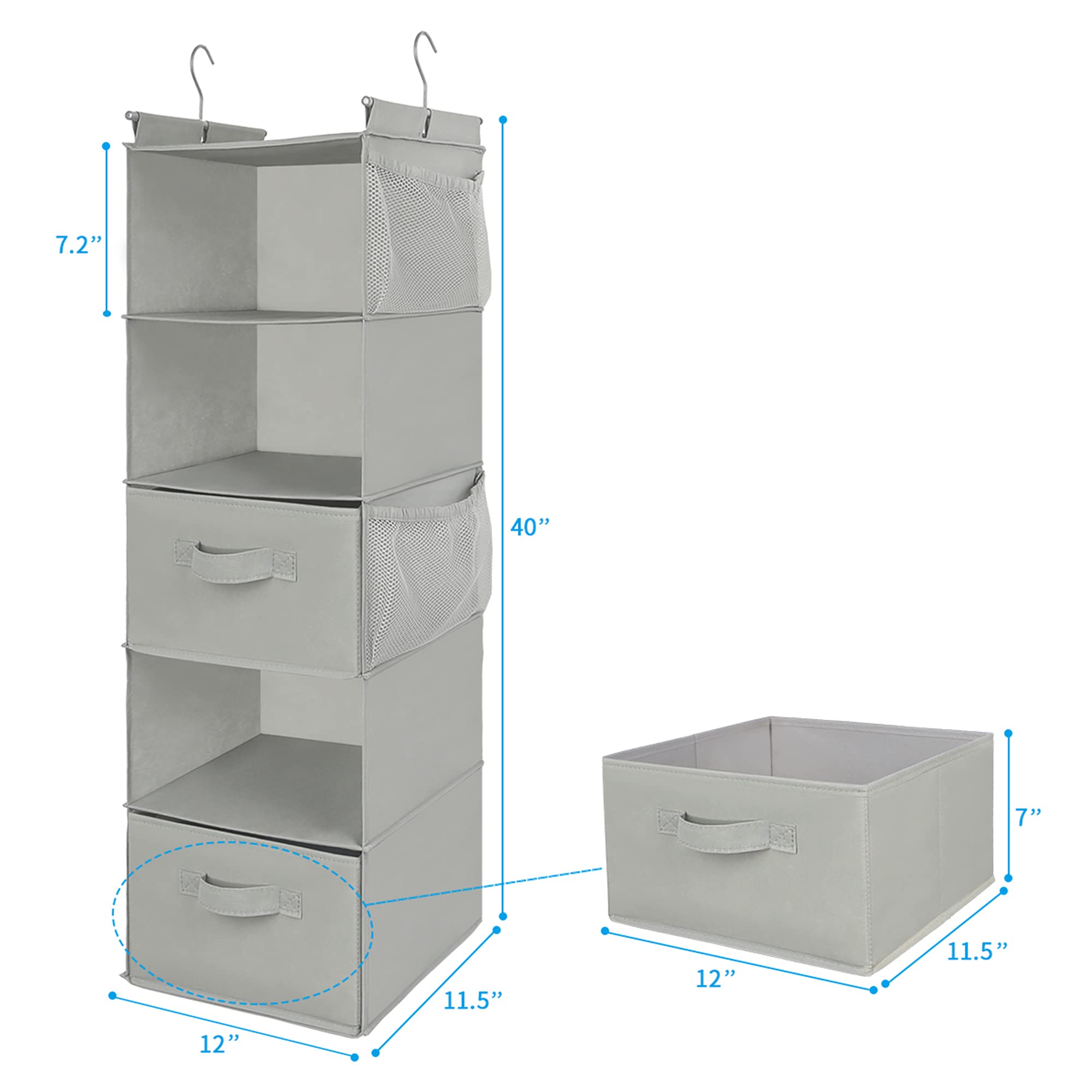 MAX Houser 5-Tier Foldable Hanging Closet Organizer - Space Saving Storage Shelf with 2 Sturdy Hooks for Clothes, Shoes & Accessories (Light Grey) - Perfect for Bedroom, Closet & Dorm Organization