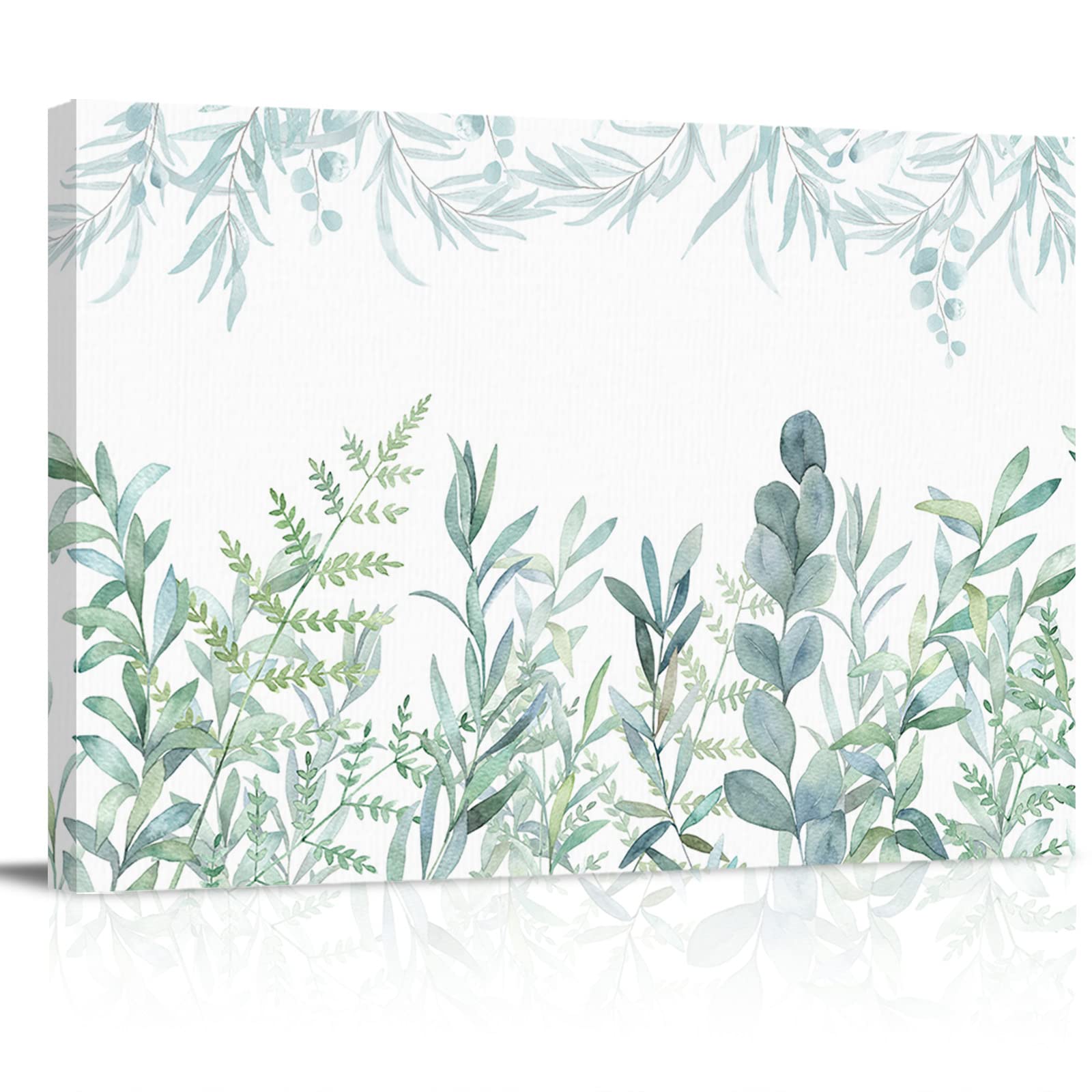 Farm Fresh Green Watercolor Leaves Herb Minimalist Canvas Wall Art - Stretched & Framed Painting for Bathroom, Bedroom & Home Decor | Nature-Inspired Wall Decoration for Modern Living Spaces