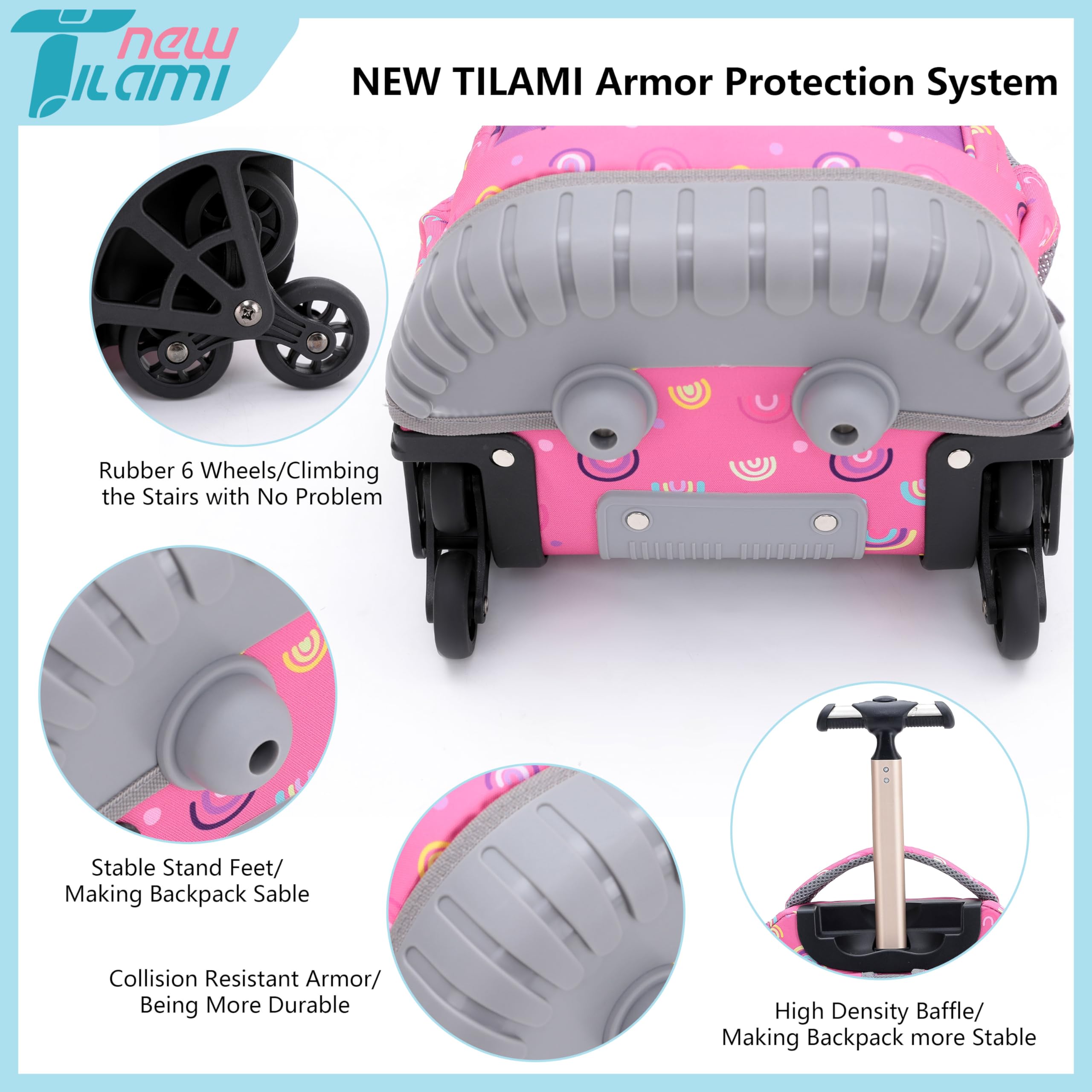 TILAMI 16 Inch Rolling Backpack for Kids - Adjustable Wheeled Laptop Backpack for Boys & Girls, School, Travel, Camping - Rainbow Unicorn Design | Perfect for Daily Commute, Weekend Trips & Outdoor Adventures