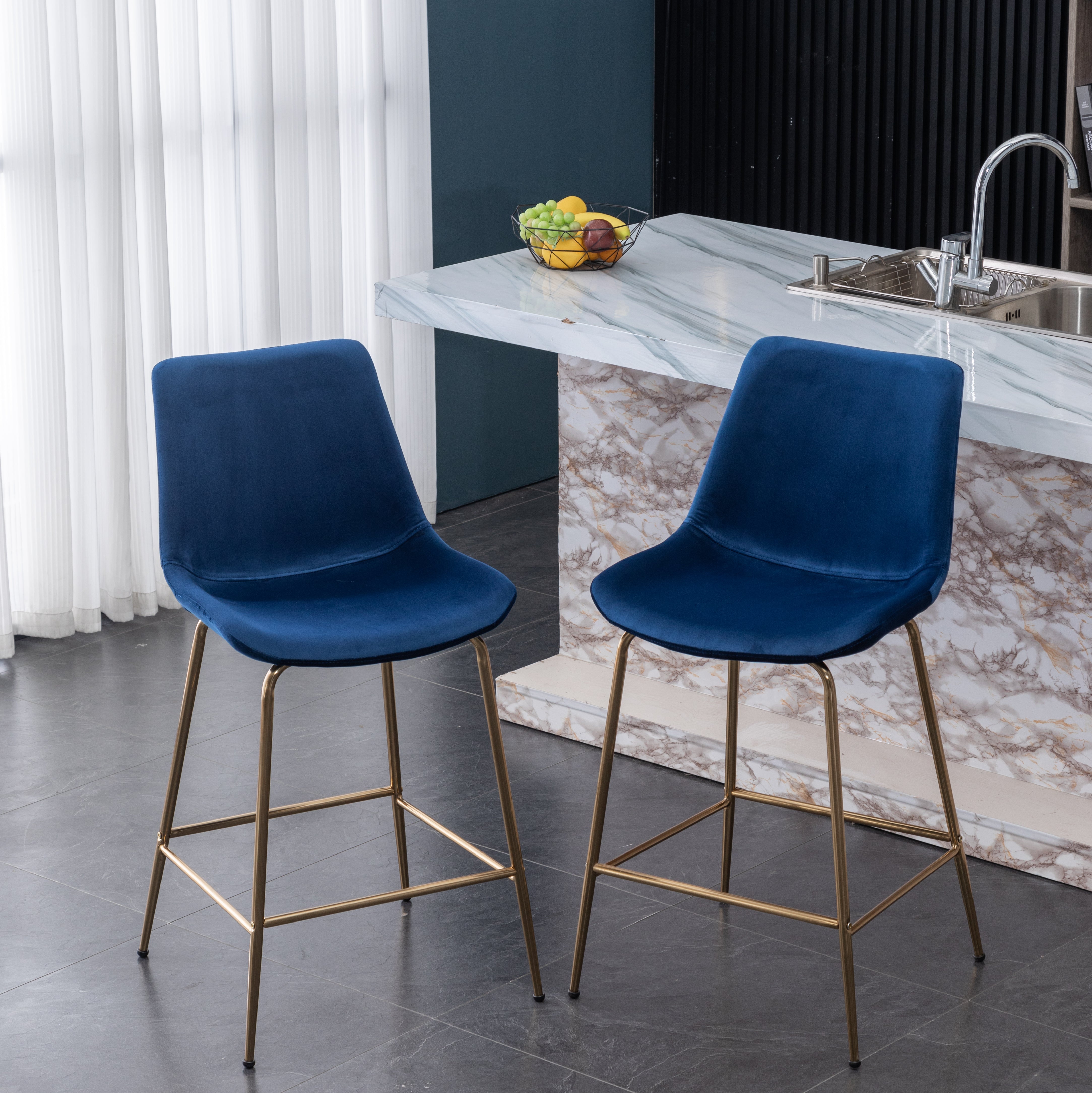 Roundhill Furniture Aufurr Modern Velvet Counter Height Bar Stools - Set of 2, Navy Blue Velvet Upholstery, 26.5