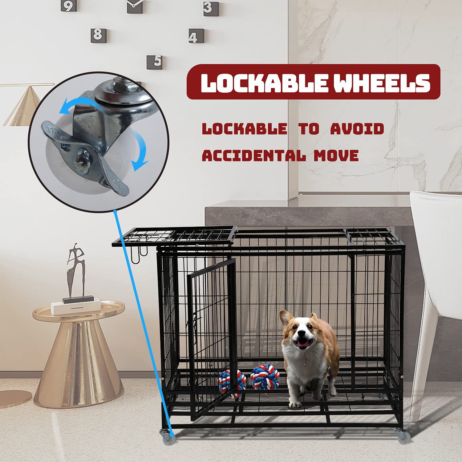 HCY 48 Inch Heavy Duty Foldable Dog Crate with Lockable Wheels, Double Doors & Removable Tray - Large Dog Cage Kennel for Small to Big Pets - Indoor/Outdoor Training, Travel & Home Use - Black (DC-4885)