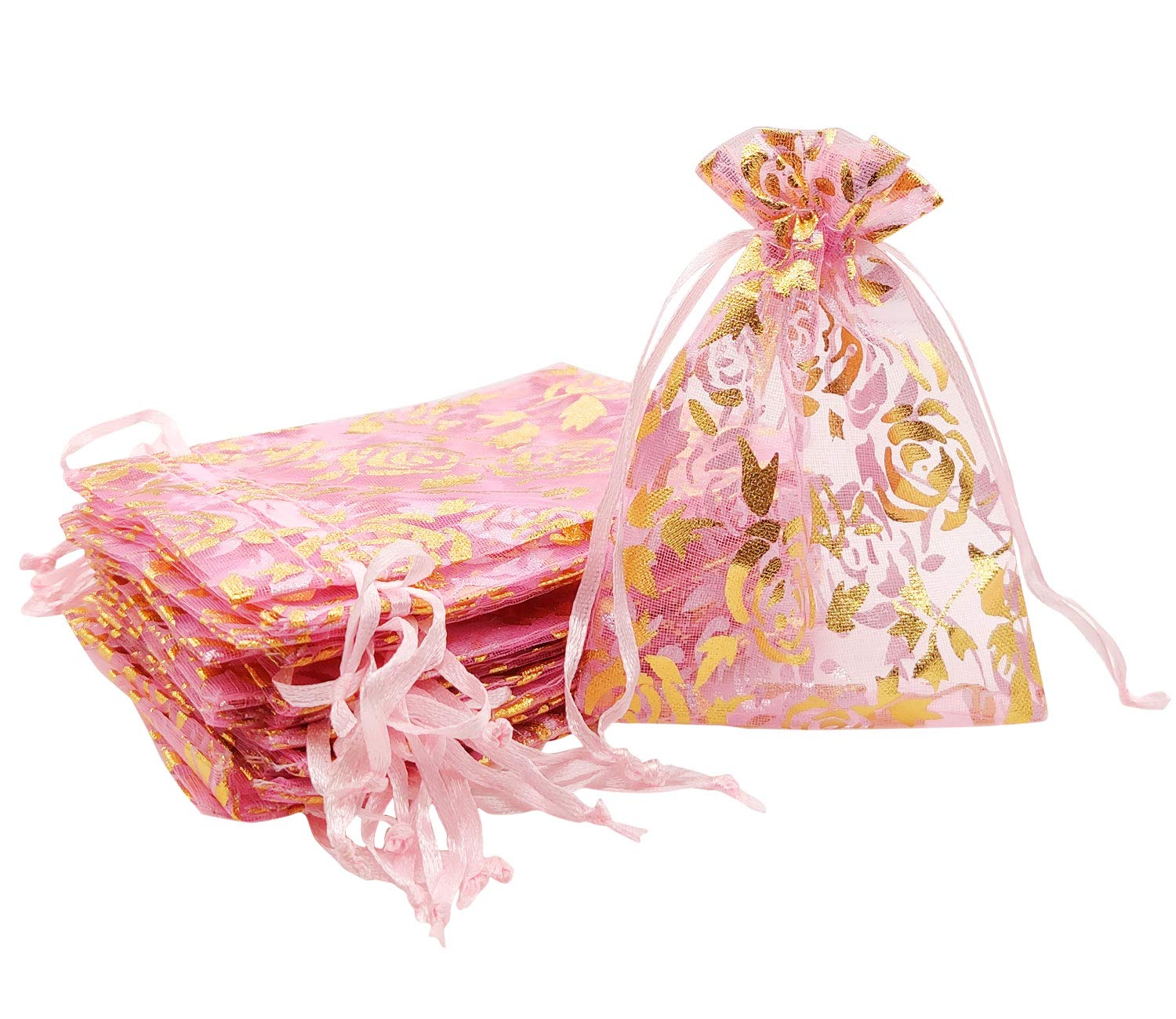 SumDirect 100Pcs 4×5 Inches Pink Rose Organza Drawstring Bags - Sheer Jewelry Gift Bags, Small Mesh Candy Bags for Wedding, Party, Festival Favors - Perfect for Bridal Showers, Baby Showers & Birthday Party Decorations