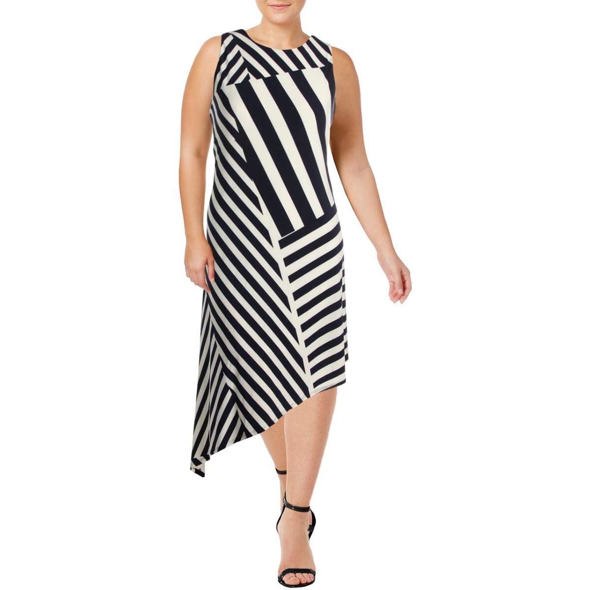 Lauren Ralph Lauren Women's Navy Striped Sleeveless Midi Dress | Casual Summer Dress for Beach, Office & Date Night